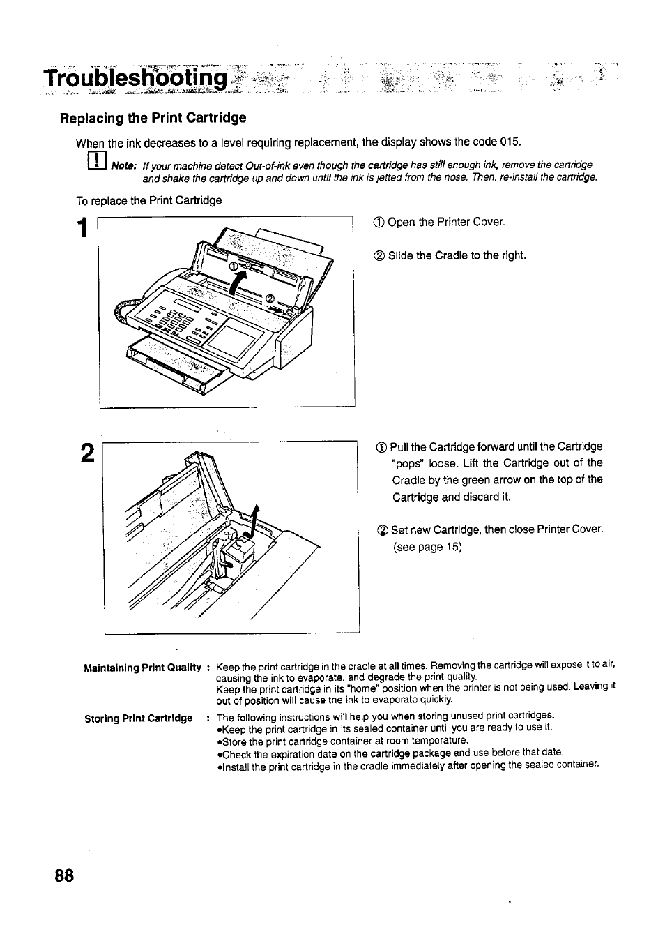 Replacing the print cartridge, Troubìes^qòtln^ r | Panasonic PANAFAX UF-321 User Manual | Page 90 / 110