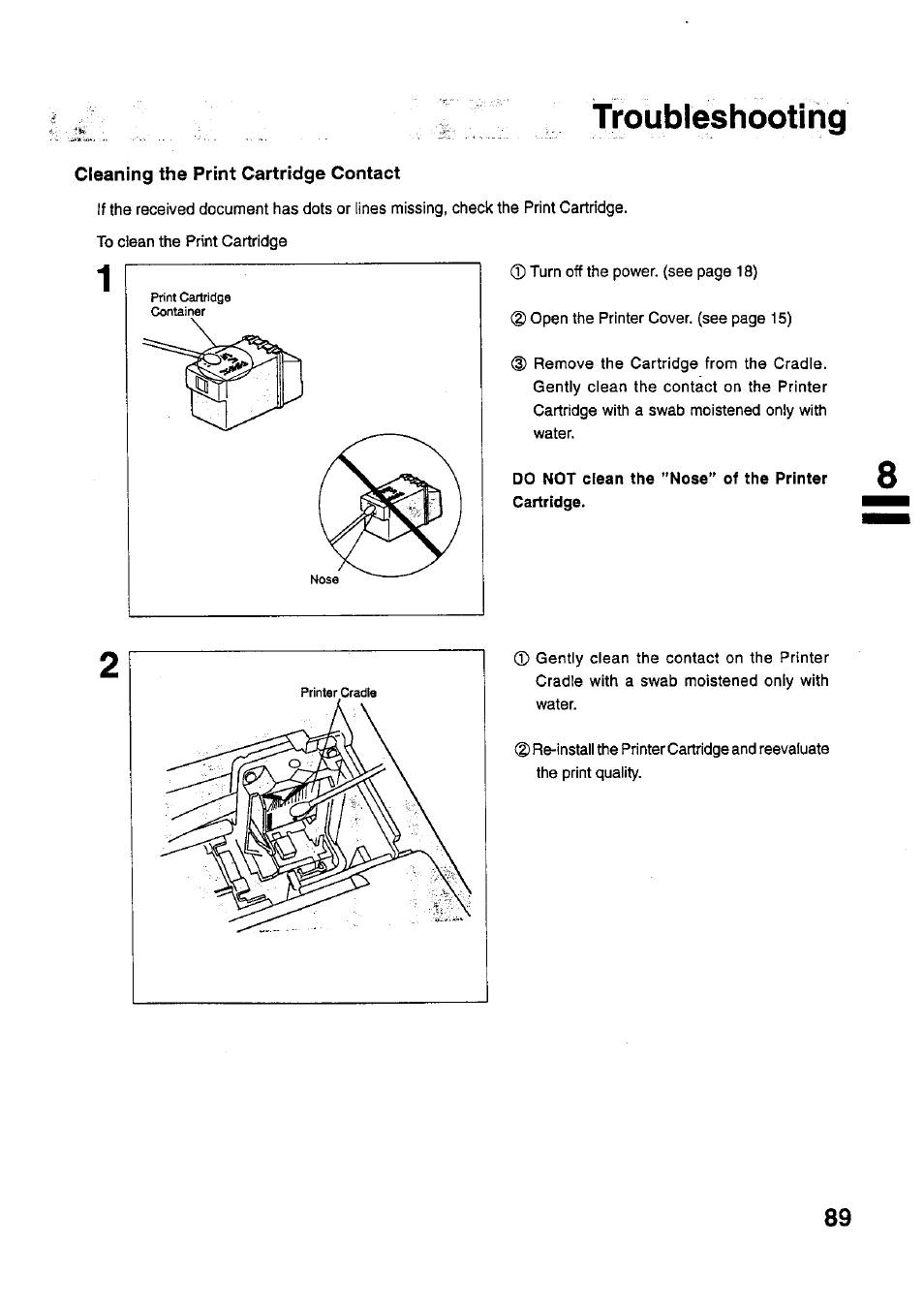 Cleaning the print cartridge contact, Troubleshooting | Panasonic PANAFAX UF-321 User Manual | Page 91 / 110