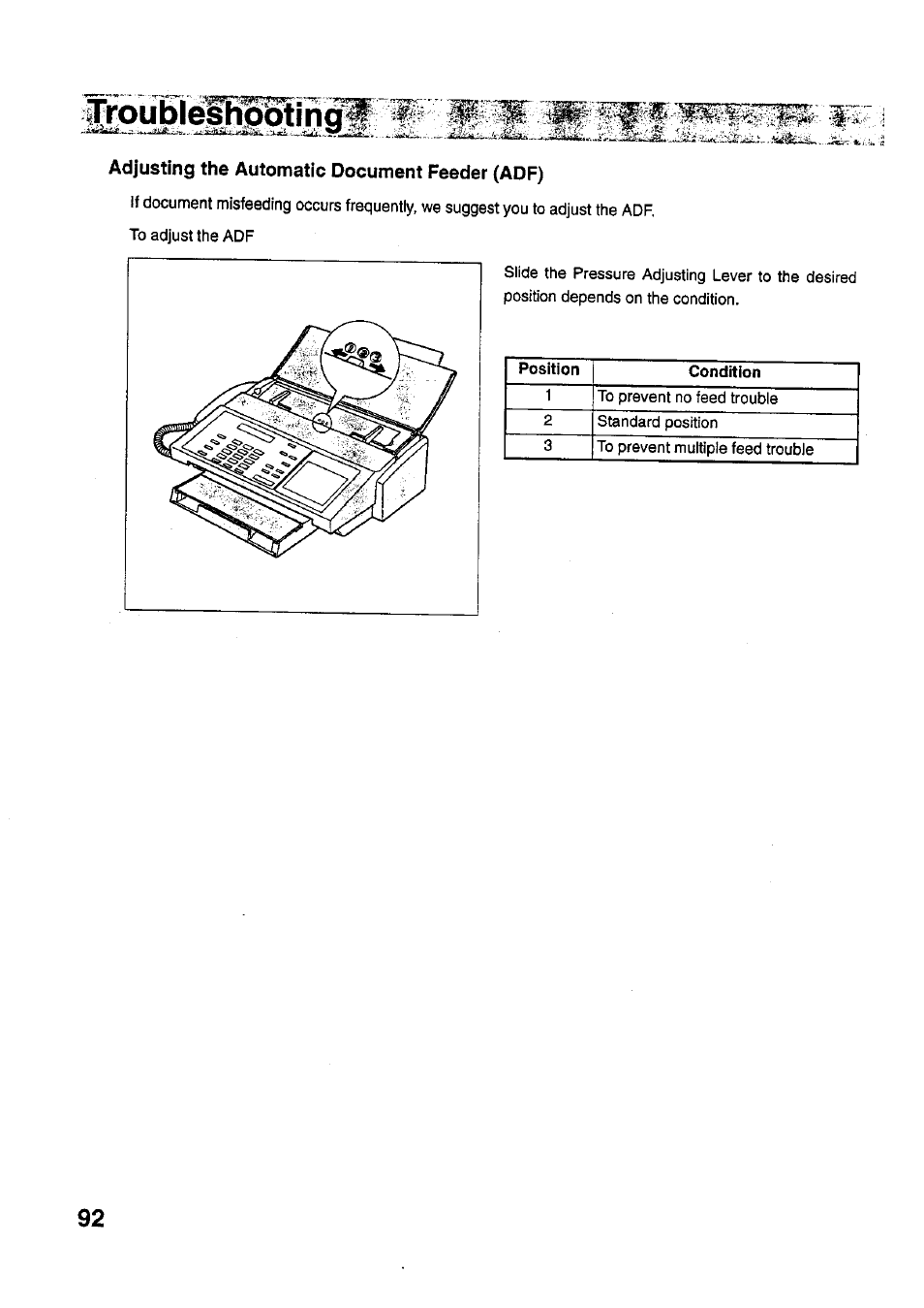 Adjusting the automatic document feeder (adf), Position condition | Panasonic PANAFAX UF-321 User Manual | Page 94 / 110