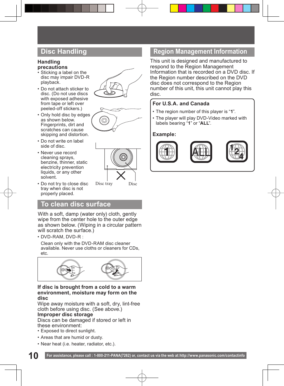 Disc handling, Region management information | Panasonic PV 20DF64 User Manual | Page 10 / 76