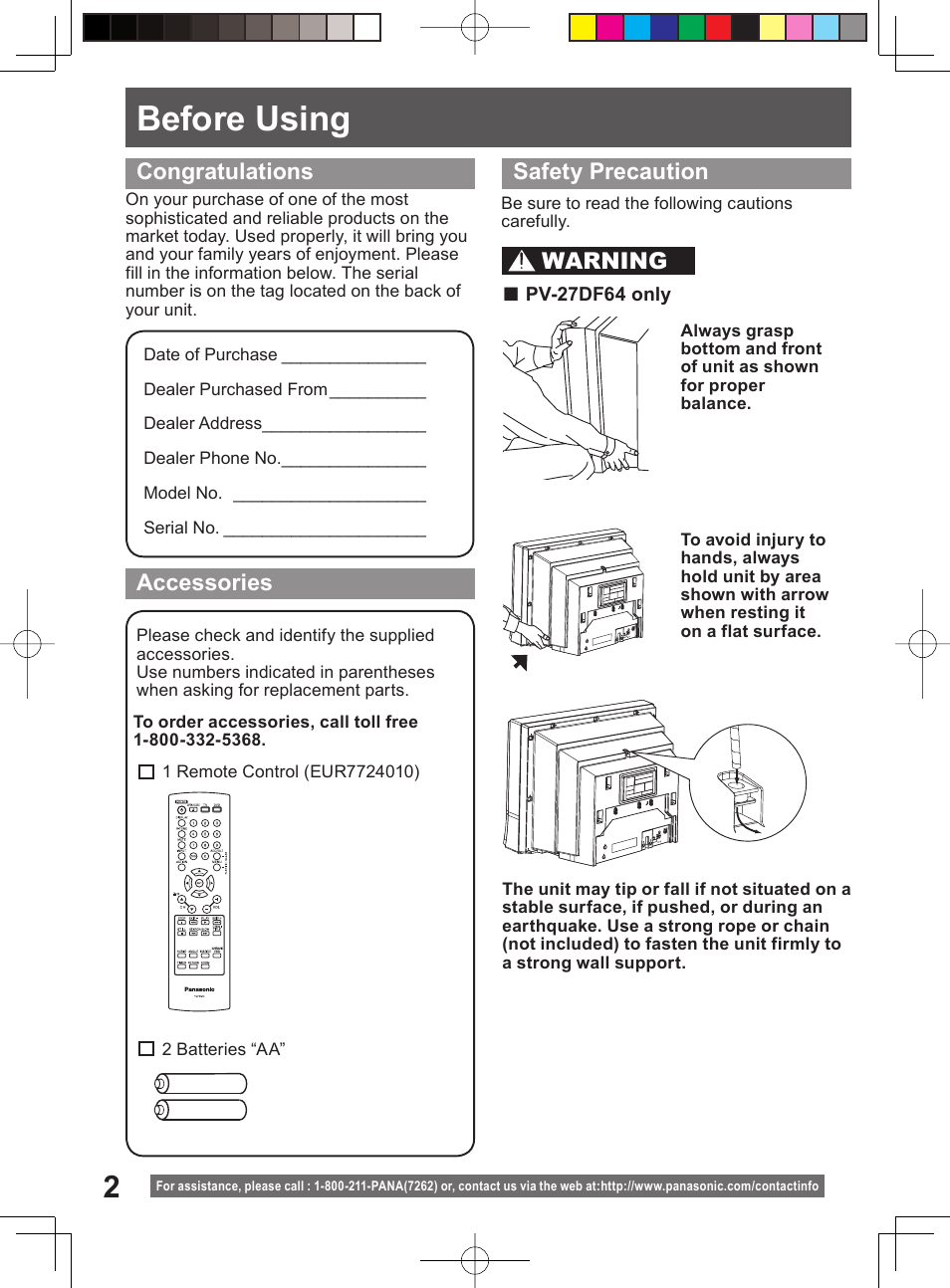 Getting started, Before using, Warning safety precaution | Panasonic PV 20DF64 User Manual | Page 2 / 76