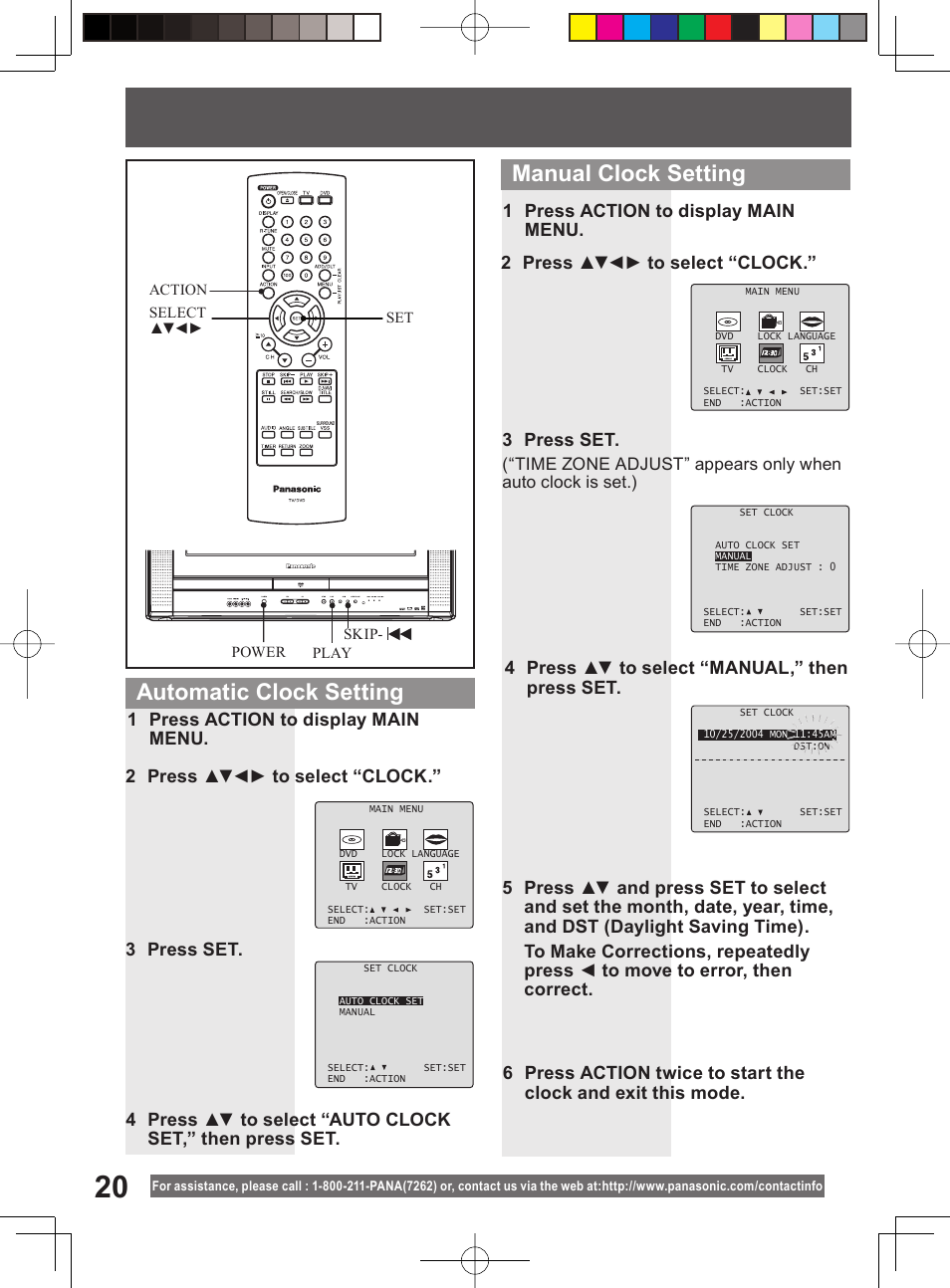 Manual clock setting, Automatic clock setting, 4 press ▲▼ to select “manual,” then press set | Panasonic PV 20DF64 User Manual | Page 20 / 76