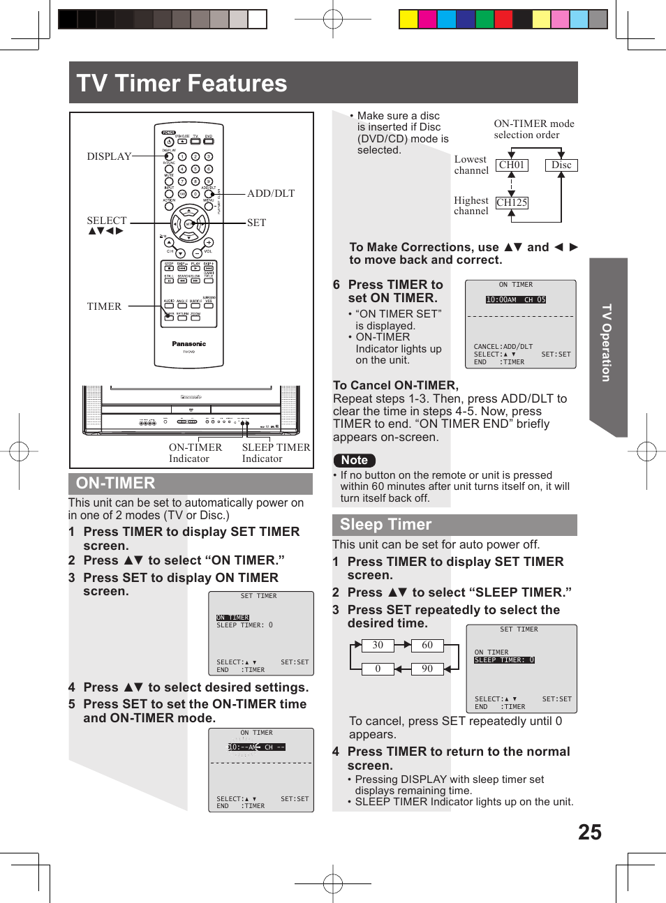 Tv timer features, On-timer sleep timer | Panasonic PV 20DF64 User Manual | Page 25 / 76