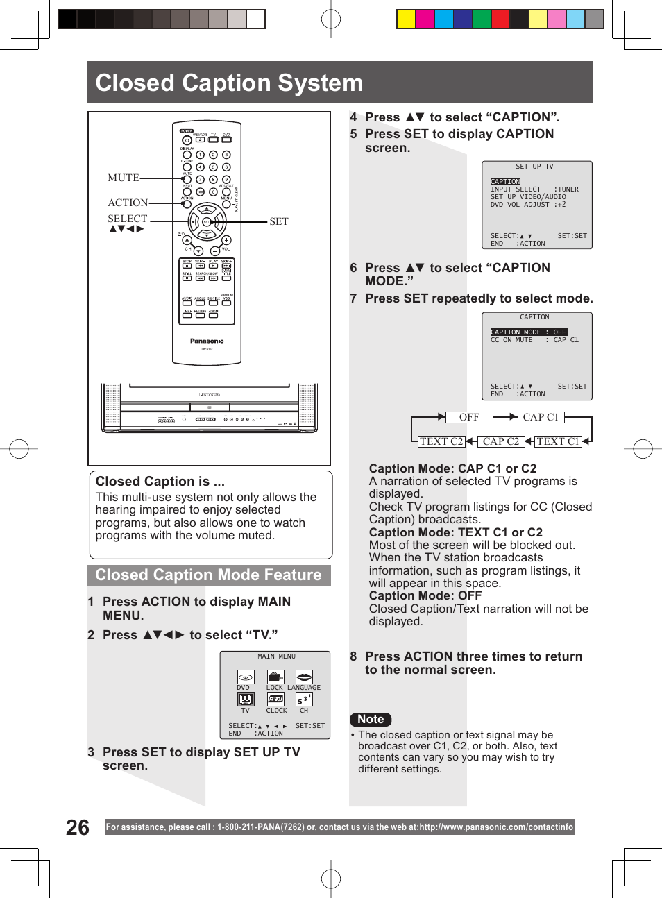 Closed caption system, Closed caption mode feature, Closed caption is | Panasonic PV 20DF64 User Manual | Page 26 / 76