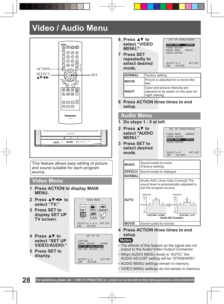 Video / audio menu, Video menu audio menu | Panasonic PV 20DF64 User Manual | Page 28 / 76