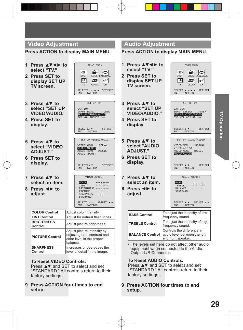 Video adjustment audio adjustment, 9 press action four times to end setup | Panasonic PV 20DF64 User Manual | Page 29 / 76