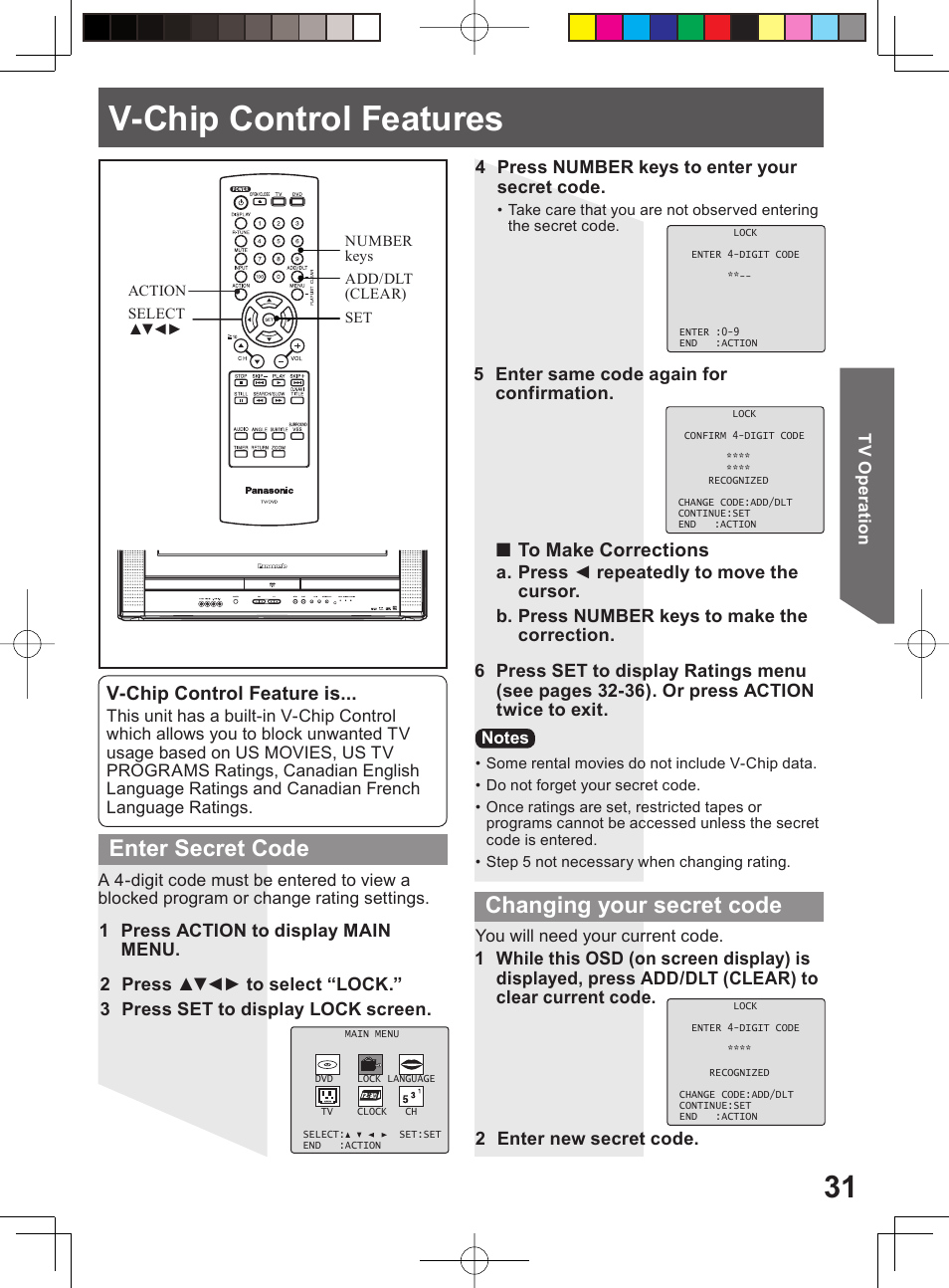 V-chip control features, Enter secret code, Changing your secret code | V-chip control feature is | Panasonic PV 20DF64 User Manual | Page 31 / 76