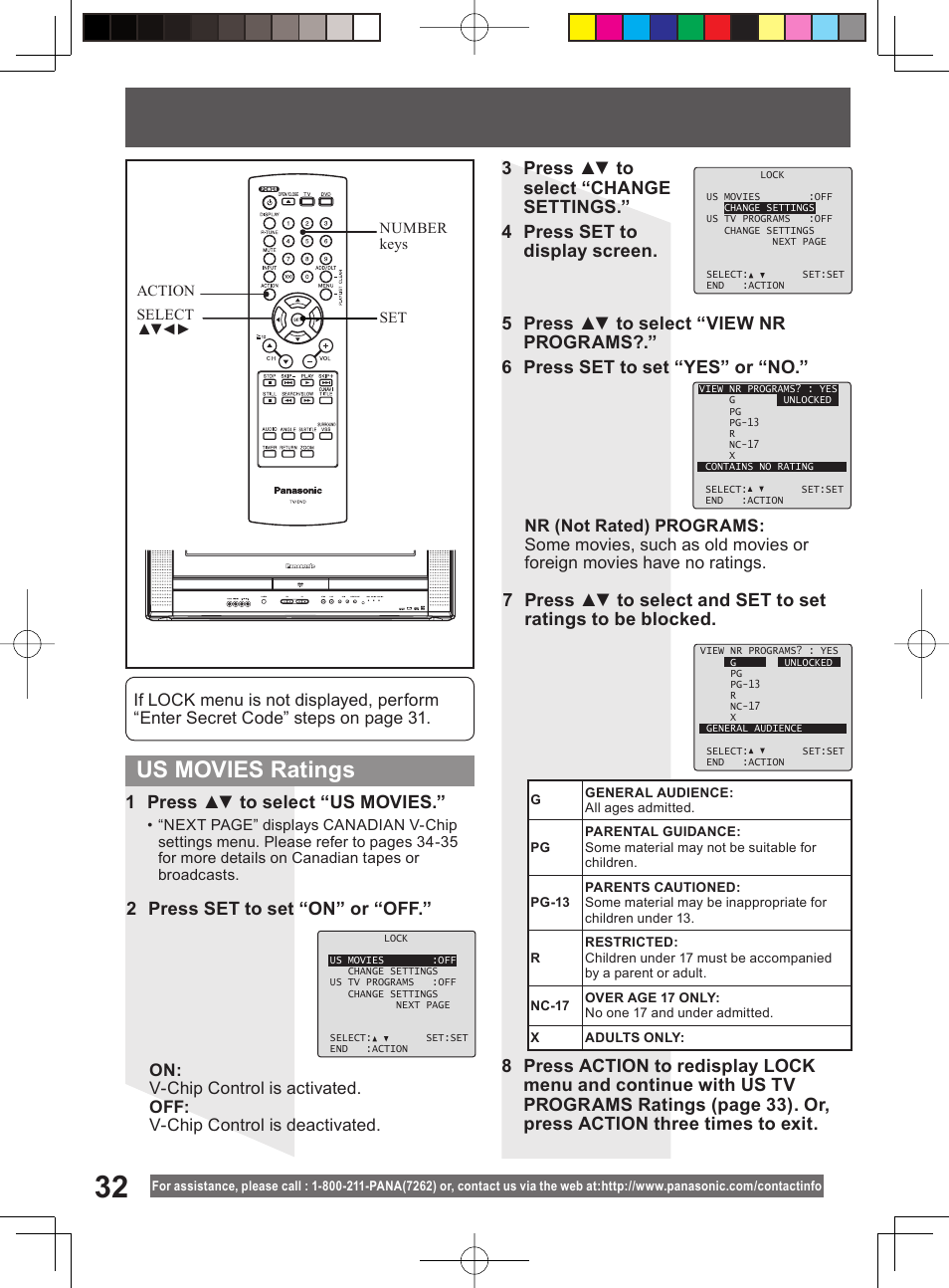 Us movies ratings, 1 press ▲▼ to select “us movies, 2 press set to set “on” or “off | Panasonic PV 20DF64 User Manual | Page 32 / 76