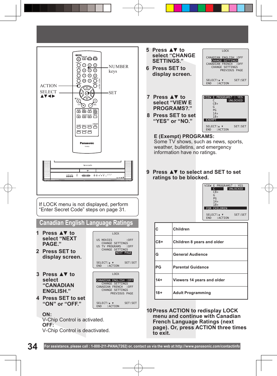 Canadian english language ratings | Panasonic PV 20DF64 User Manual | Page 34 / 76