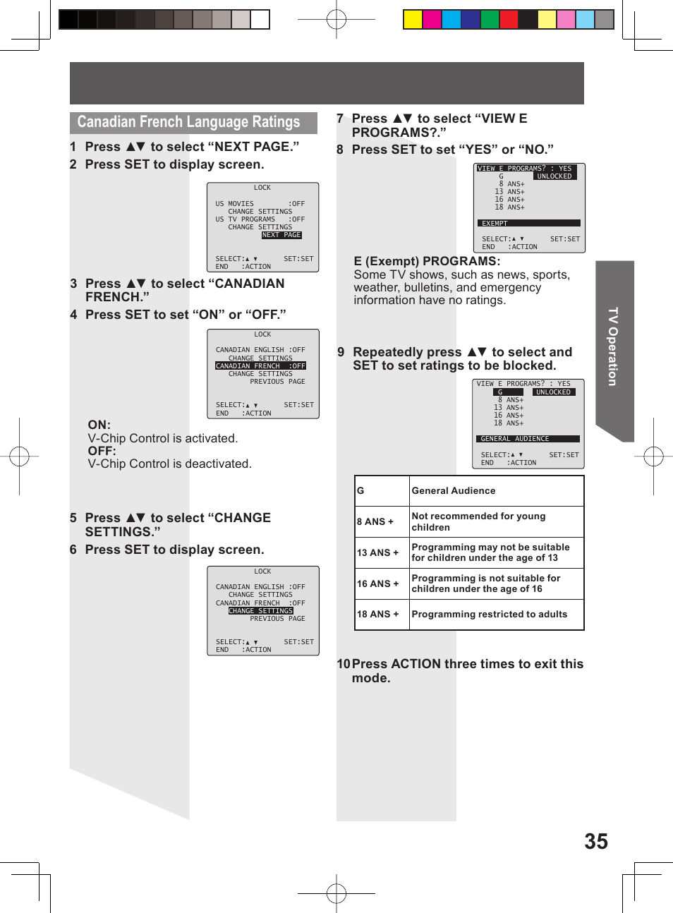 Canadian french language ratings | Panasonic PV 20DF64 User Manual | Page 35 / 76