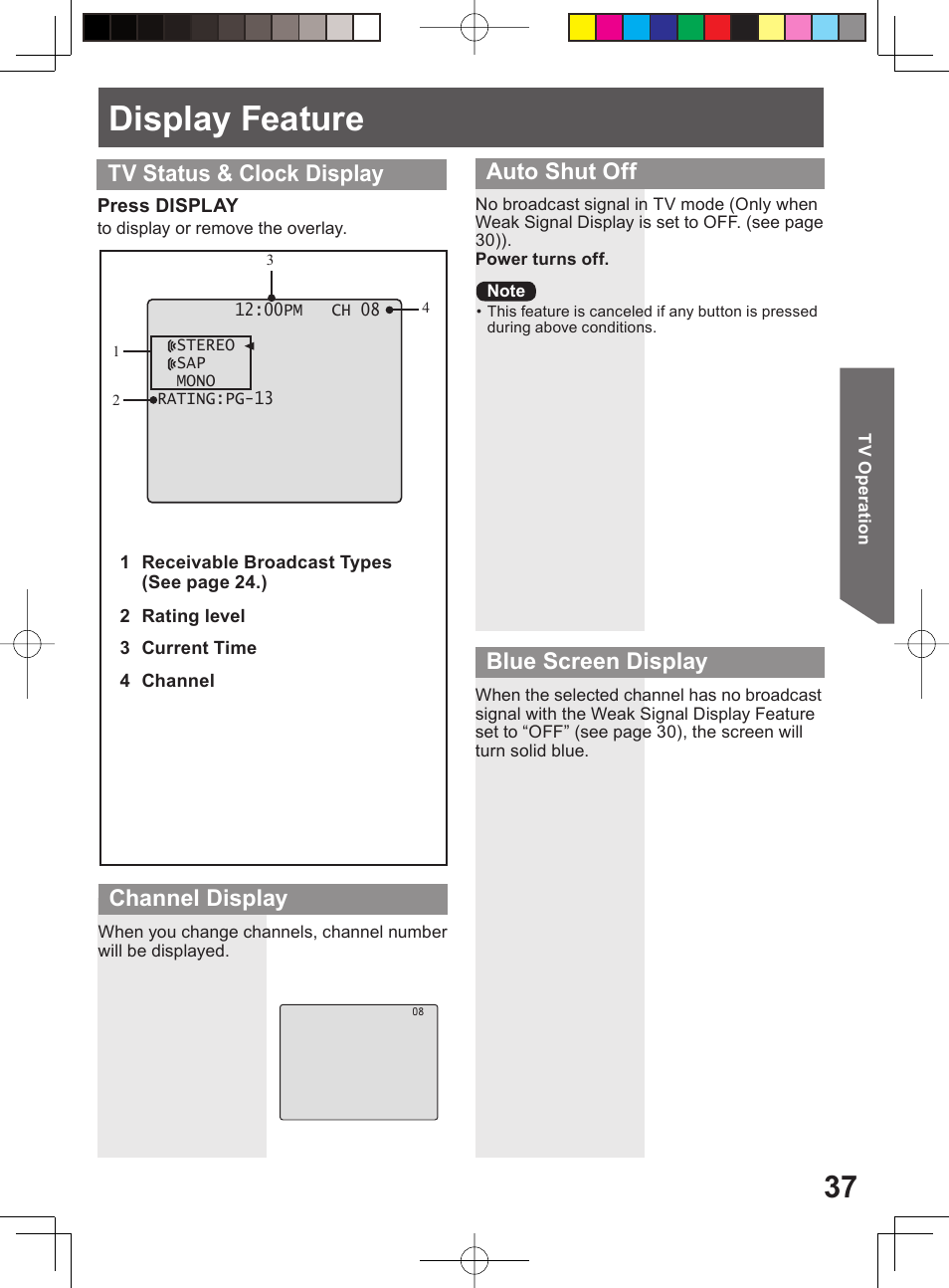 Display feature, Auto shut off | Panasonic PV 20DF64 User Manual | Page 37 / 76