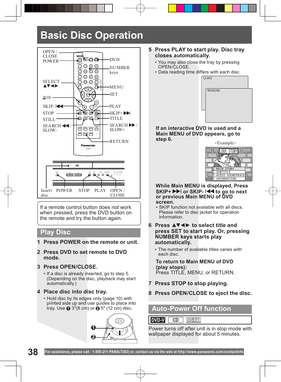 Disc operation, Basic disc operation, Play disc | Auto-power off function, Love story | Panasonic PV 20DF64 User Manual | Page 38 / 76