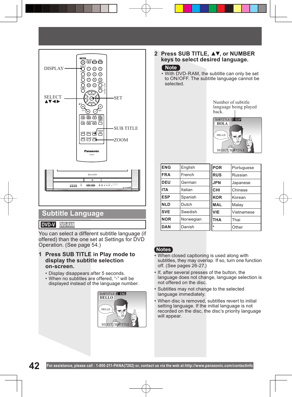 Subtitle language | Panasonic PV 20DF64 User Manual | Page 42 / 76