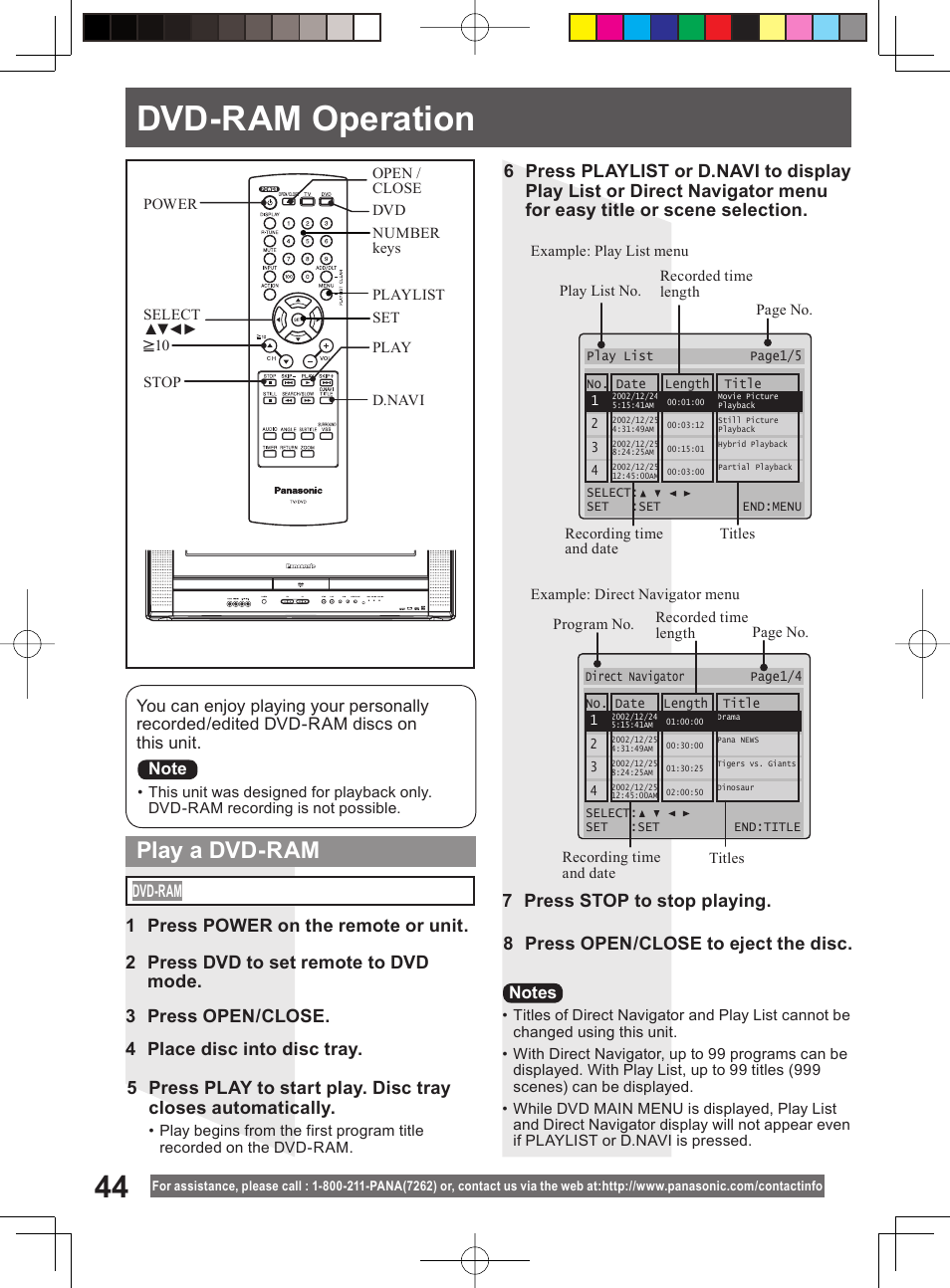 Dvd - ram operation, Dvd-ram operation, Play a dvd-ram | 2 press dvd to set remote to dvd mode | Panasonic PV 20DF64 User Manual | Page 44 / 76