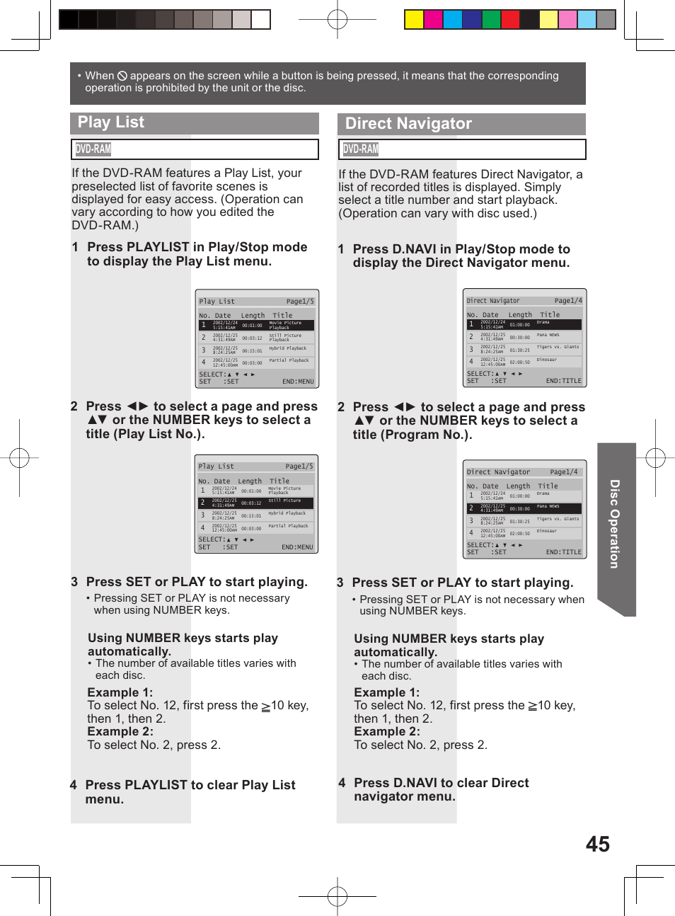 Direct navigator, Play list, 4 press playlist to clear play list menu | 3 press set or play to start playing, Dis c op erat ion, Using number keys starts play automatically, Dvd-ram | Panasonic PV 20DF64 User Manual | Page 45 / 76