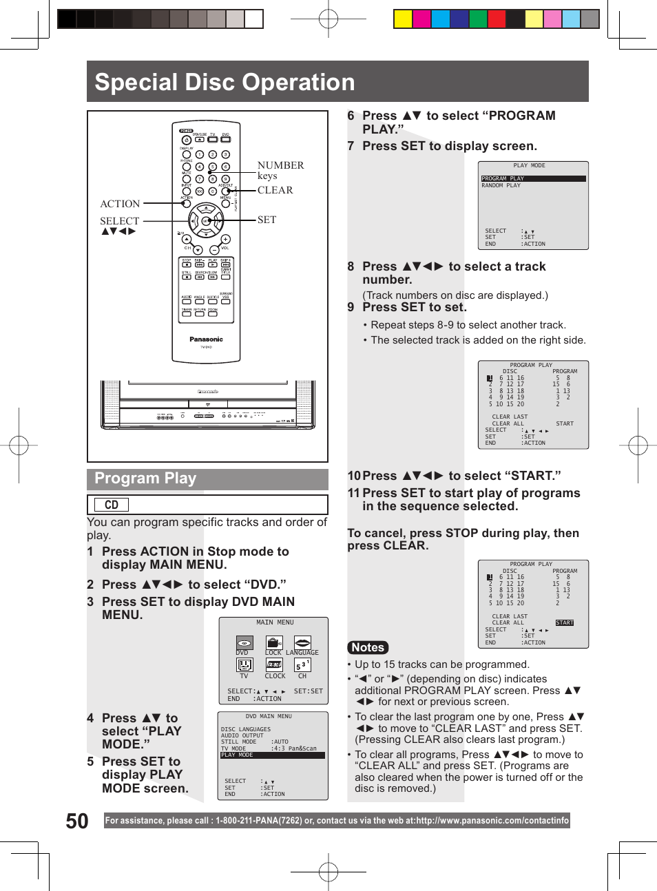 Special disc operation, Program play, 9 press set to set | You can program specific tracks and order of play | Panasonic PV 20DF64 User Manual | Page 50 / 76