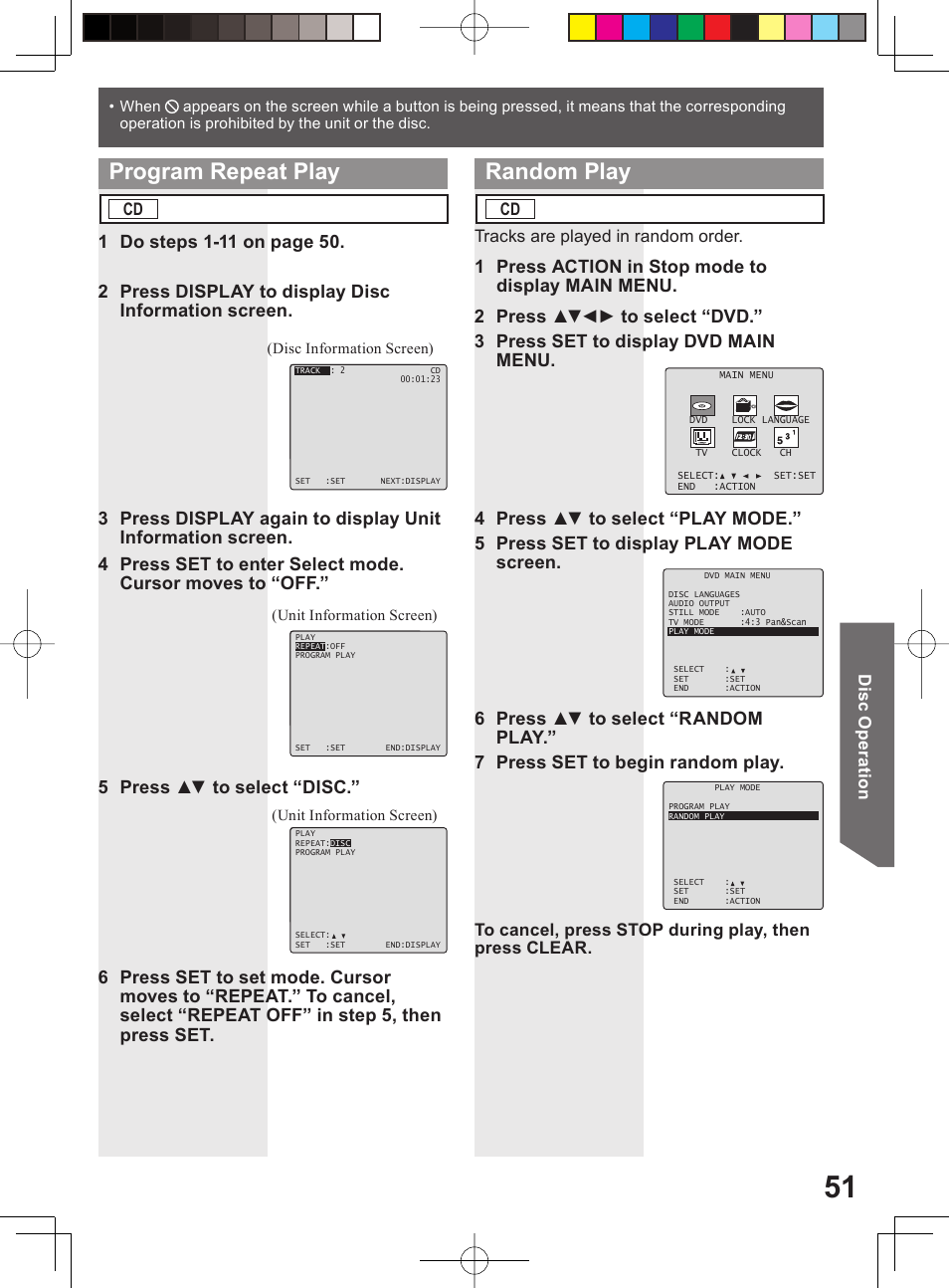 Program repeat play random play | Panasonic PV 20DF64 User Manual | Page 51 / 76