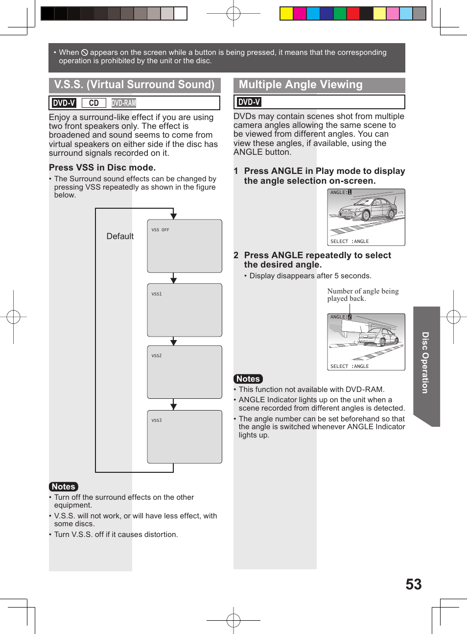 V.s.s. (virtual surround sound), Multiple angle viewing | Panasonic PV 20DF64 User Manual | Page 53 / 76