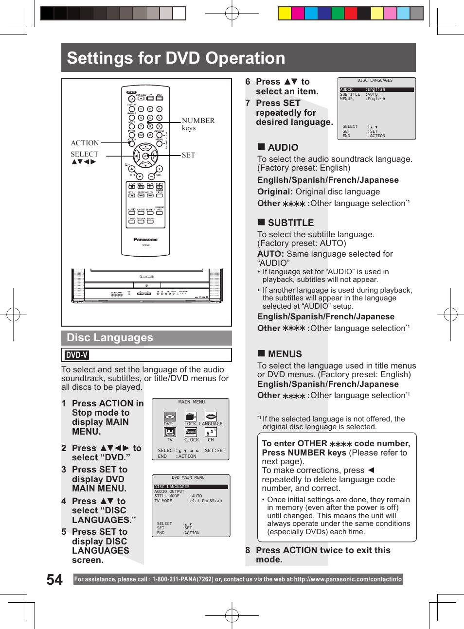 Settings for dvd operation, Disc languages, Audio | Subtitle, Menus | Panasonic PV 20DF64 User Manual | Page 54 / 76