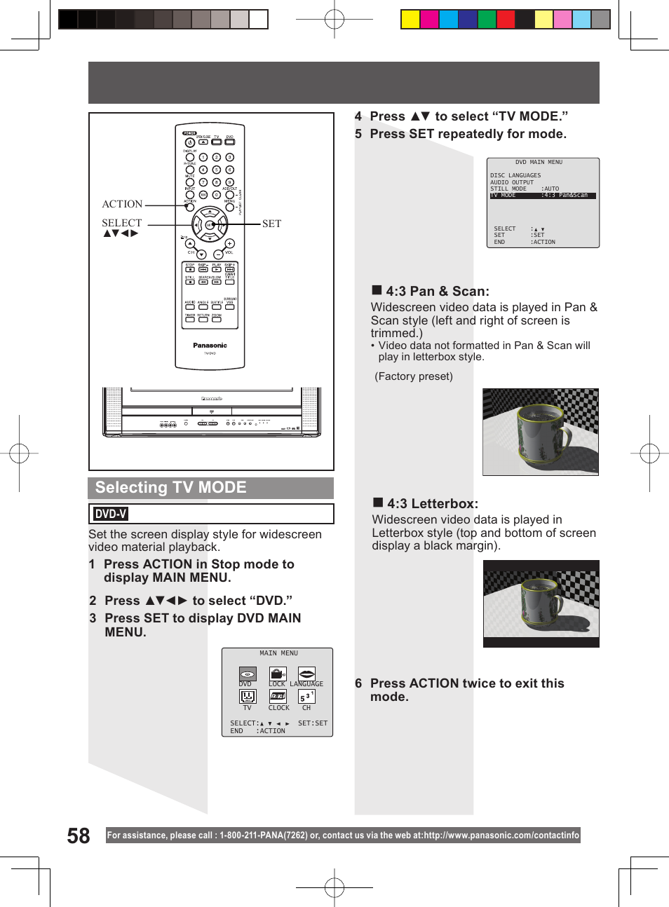 Selecting tv mode, 3 pan & scan, 3 letterbox | 6 press action twice to exit this mode | Panasonic PV 20DF64 User Manual | Page 58 / 76