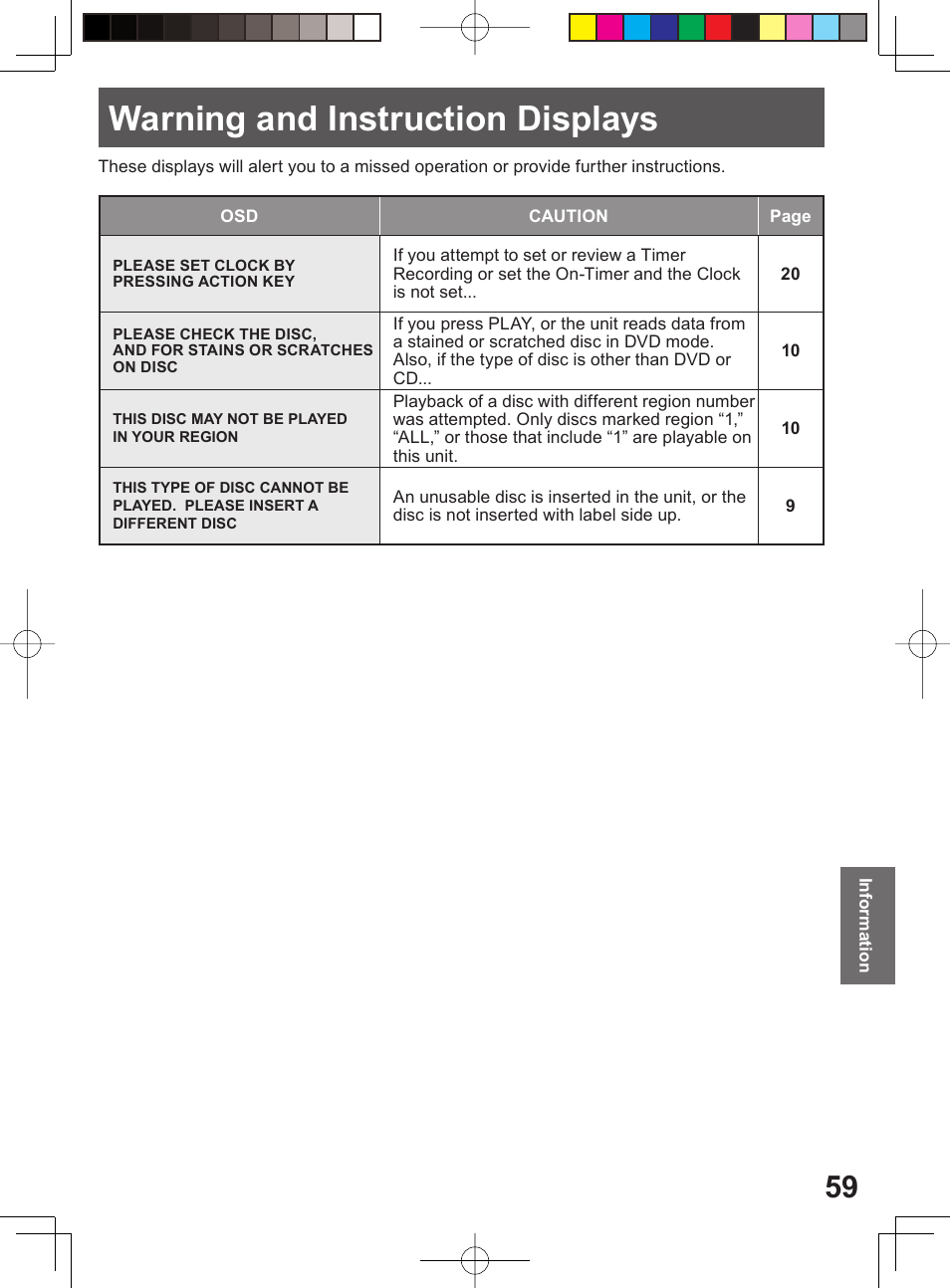 Information, Warning and instruction displays | Panasonic PV 20DF64 User Manual | Page 59 / 76