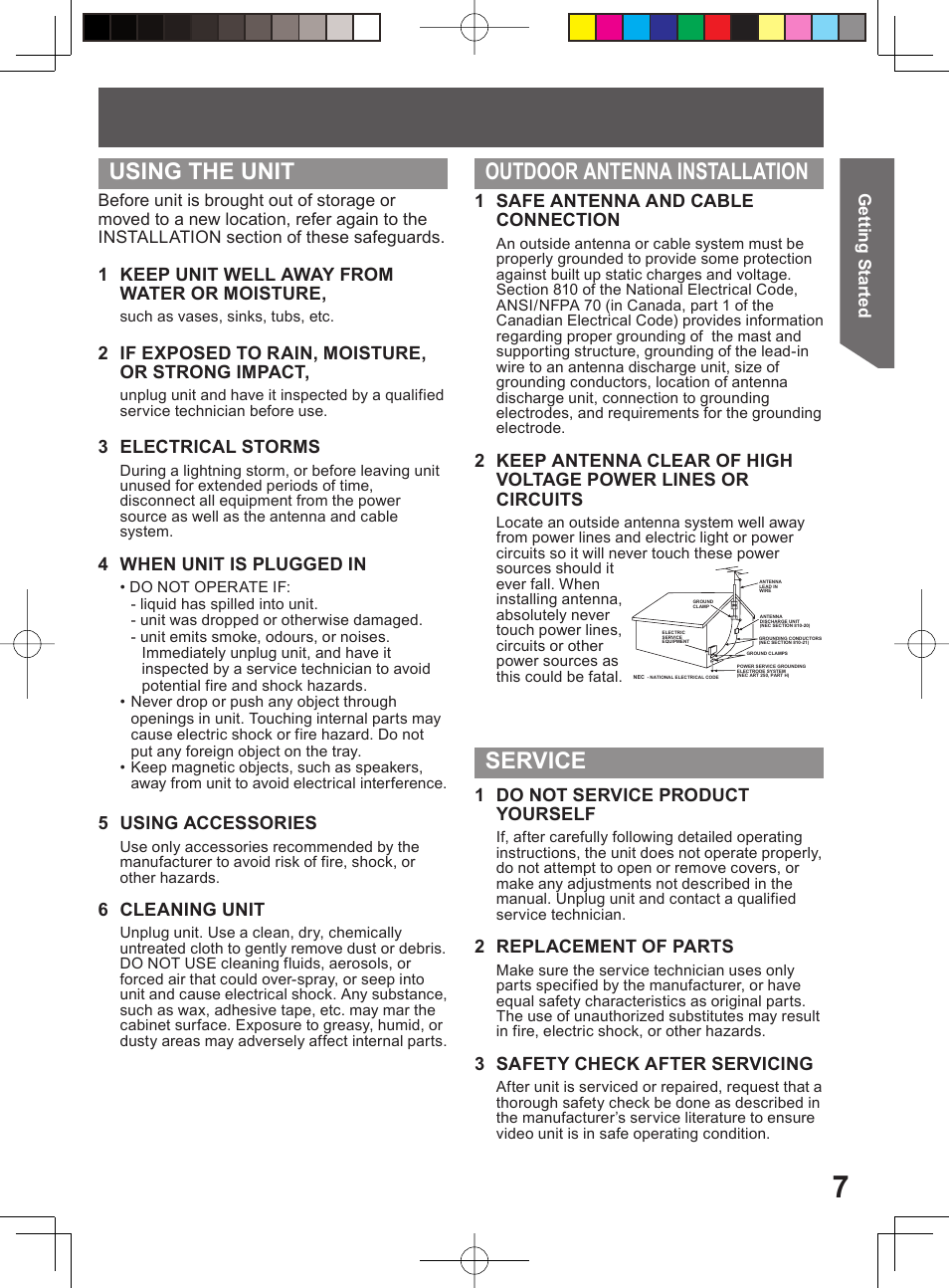 1 safe antenna and cable connection, 1 keep unit well away from water or moisture, 2 if exposed to rain, moisture, or strong impact | 3 electrical storms, 4 when unit is plugged in, 5 using accessories, 6 cleaning unit, 1 do not service product yourself, 2 replacement of parts, 3 safety check after servicing | Panasonic PV 20DF64 User Manual | Page 7 / 76