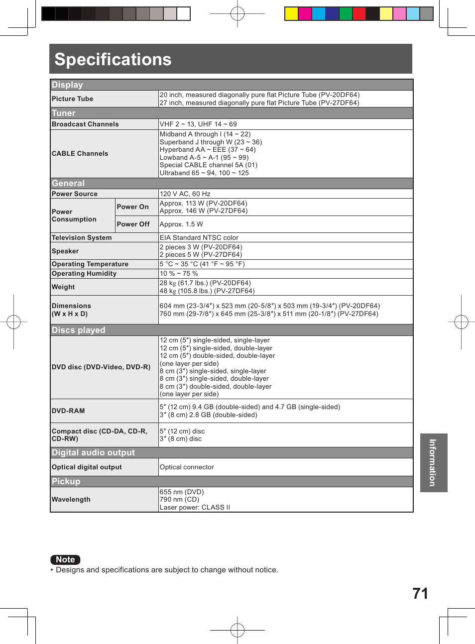 Specifications | Panasonic PV 20DF64 User Manual | Page 71 / 76