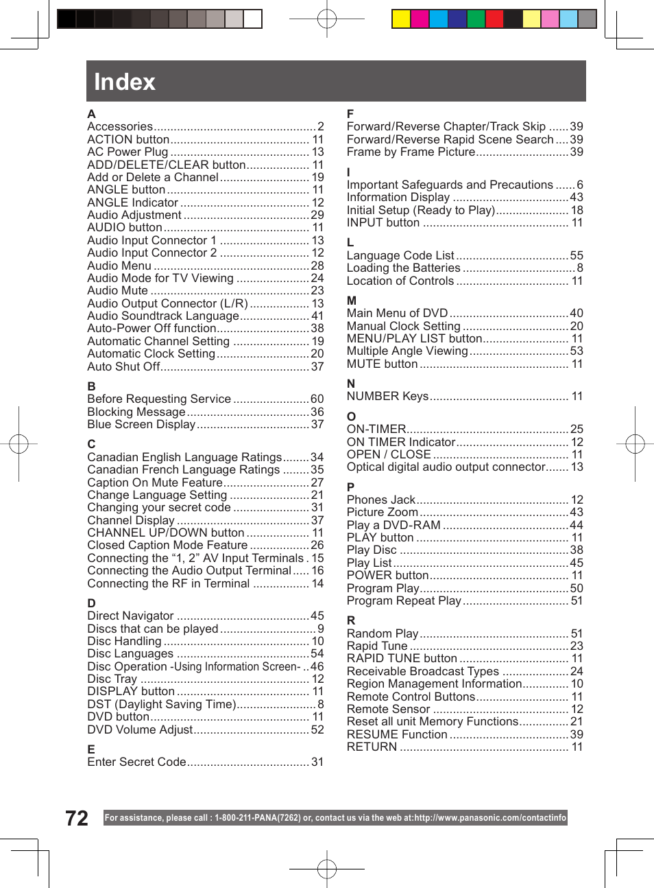 Index | Panasonic PV 20DF64 User Manual | Page 72 / 76