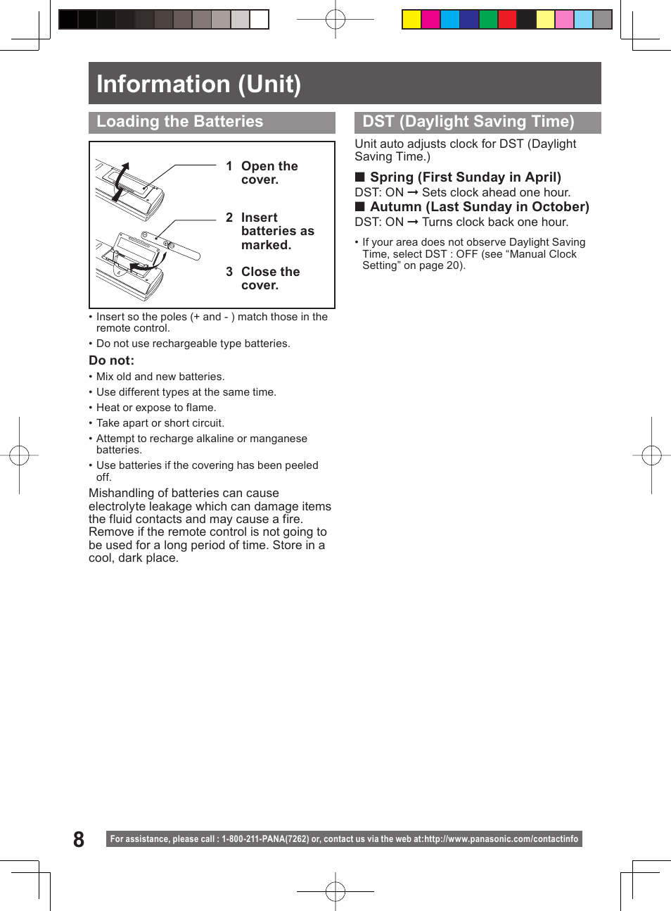 Information (unit), Loading the batteries, Dst (daylight saving time) | Panasonic PV 20DF64 User Manual | Page 8 / 76