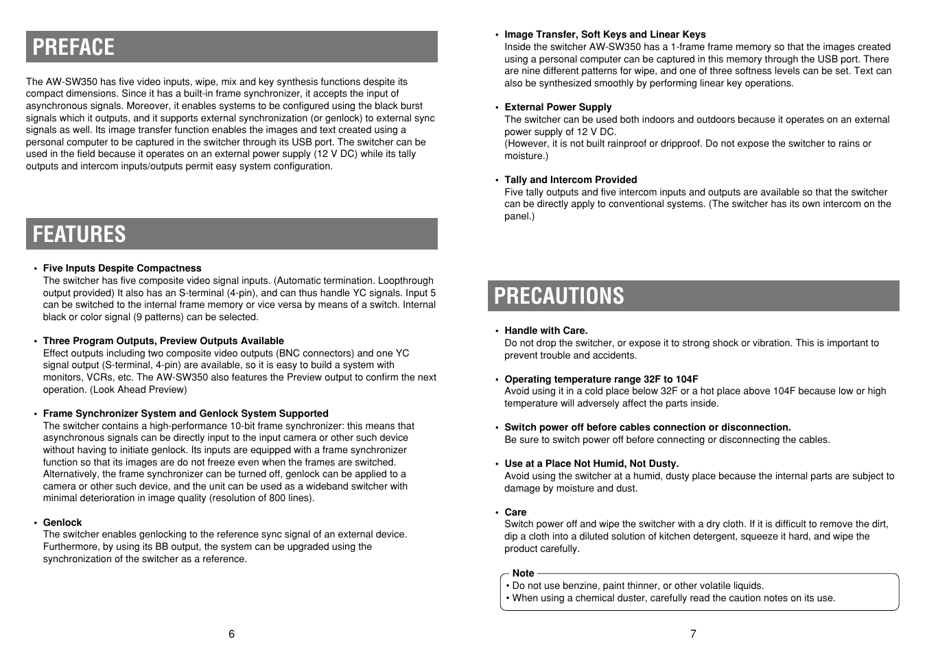 Preface features, Precautions | Panasonic AW-SW350P User Manual | Page 4 / 23