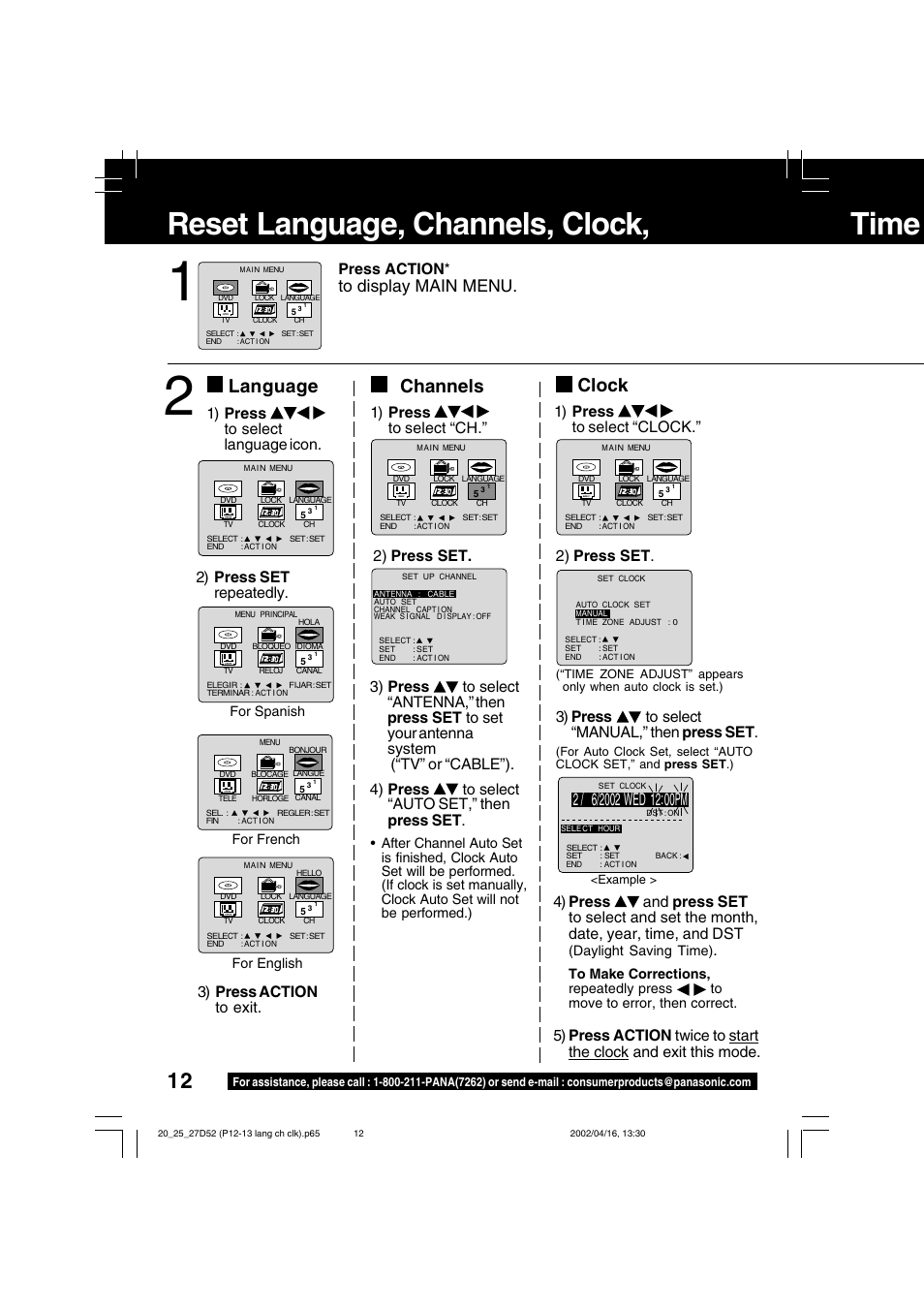 Reset language, channels, clock, time zone adjust, Reset language, channels, clock, time, Language channels clock | 3) press to select “manual,” then press set, Press action | Panasonic PV 20D52 User Manual | Page 12 / 64