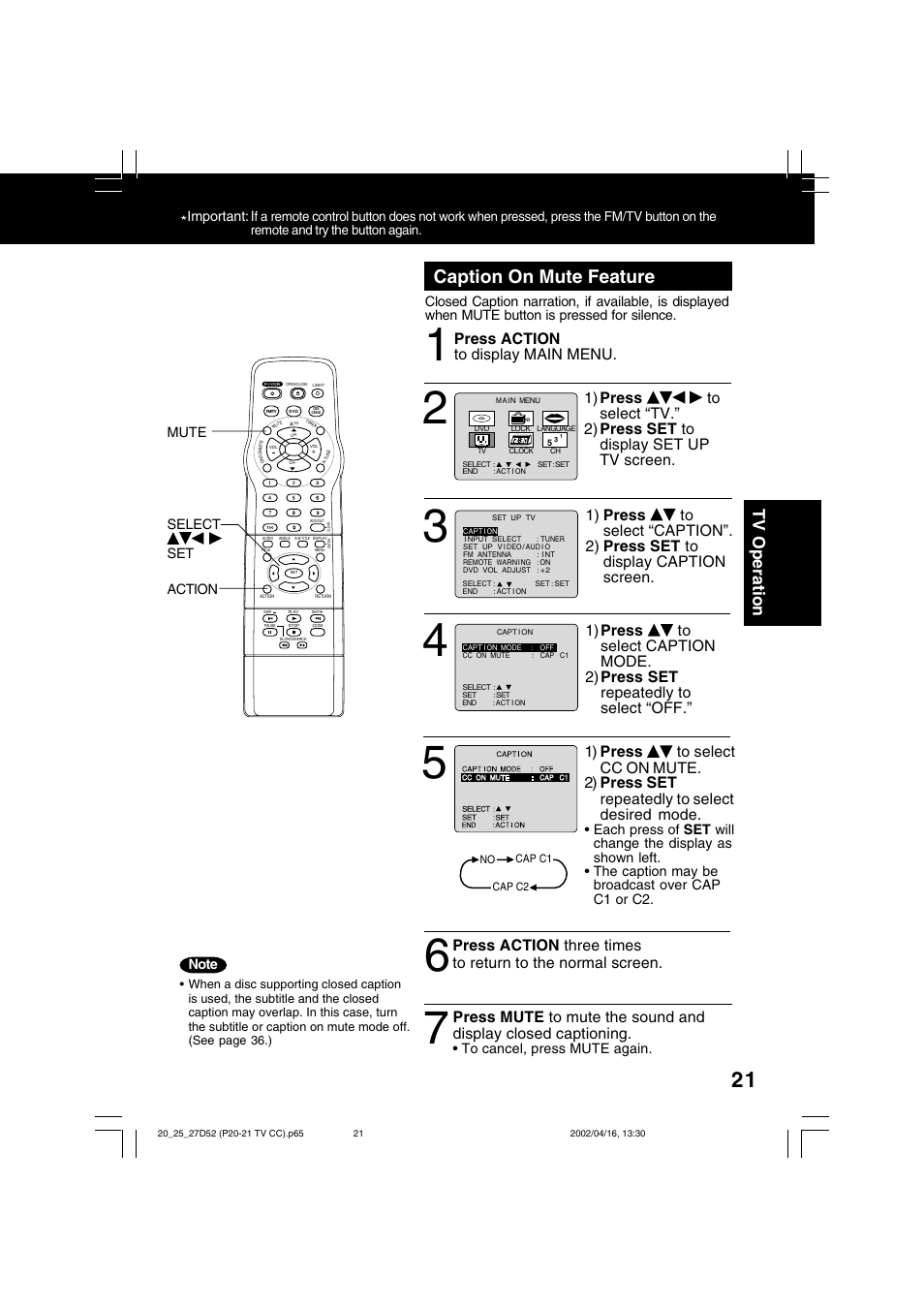 Caption on mute feature, Tv operation, Press action to display main menu | Panasonic PV 20D52 User Manual | Page 21 / 64