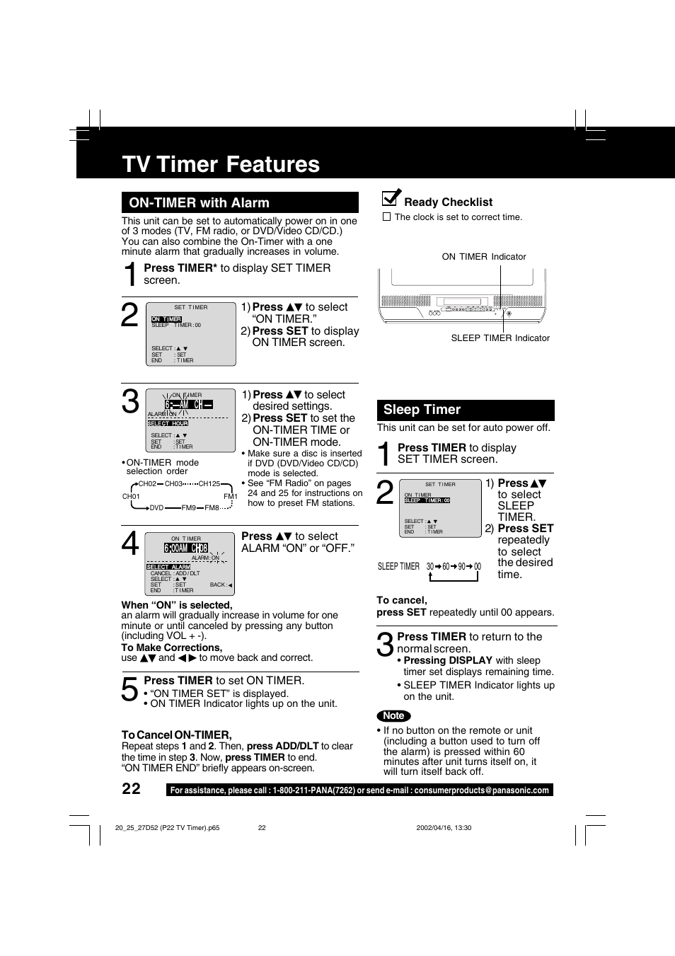 Tv timer features, On-timer with alarm, Sleep timer | Panasonic PV 20D52 User Manual | Page 22 / 64