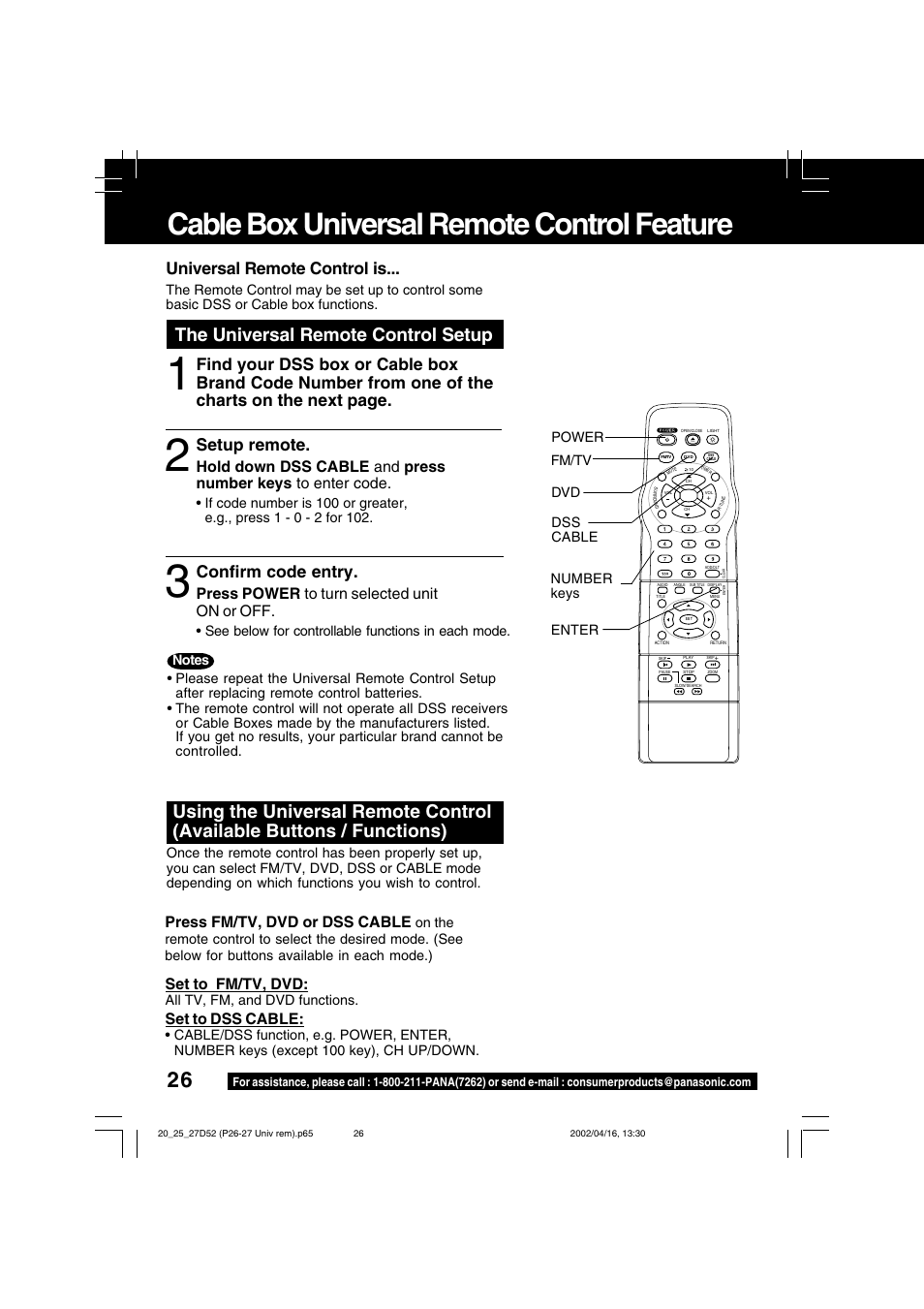 Advanced operation, Cable box universal remote control feature, The universal remote control setup | Universal remote control is, Confirm code entry, Setup remote, Press fm/tv, dvd or dss cable, Press power to turn selected unit on or off, Set to fm/tv, dvd, Set to dss cable | Panasonic PV 20D52 User Manual | Page 26 / 64