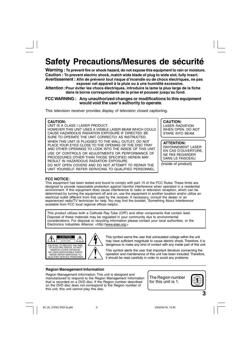 Safety precautions/mesures de sécurité, Warnin | Panasonic PV 20D52 User Manual | Page 3 / 64