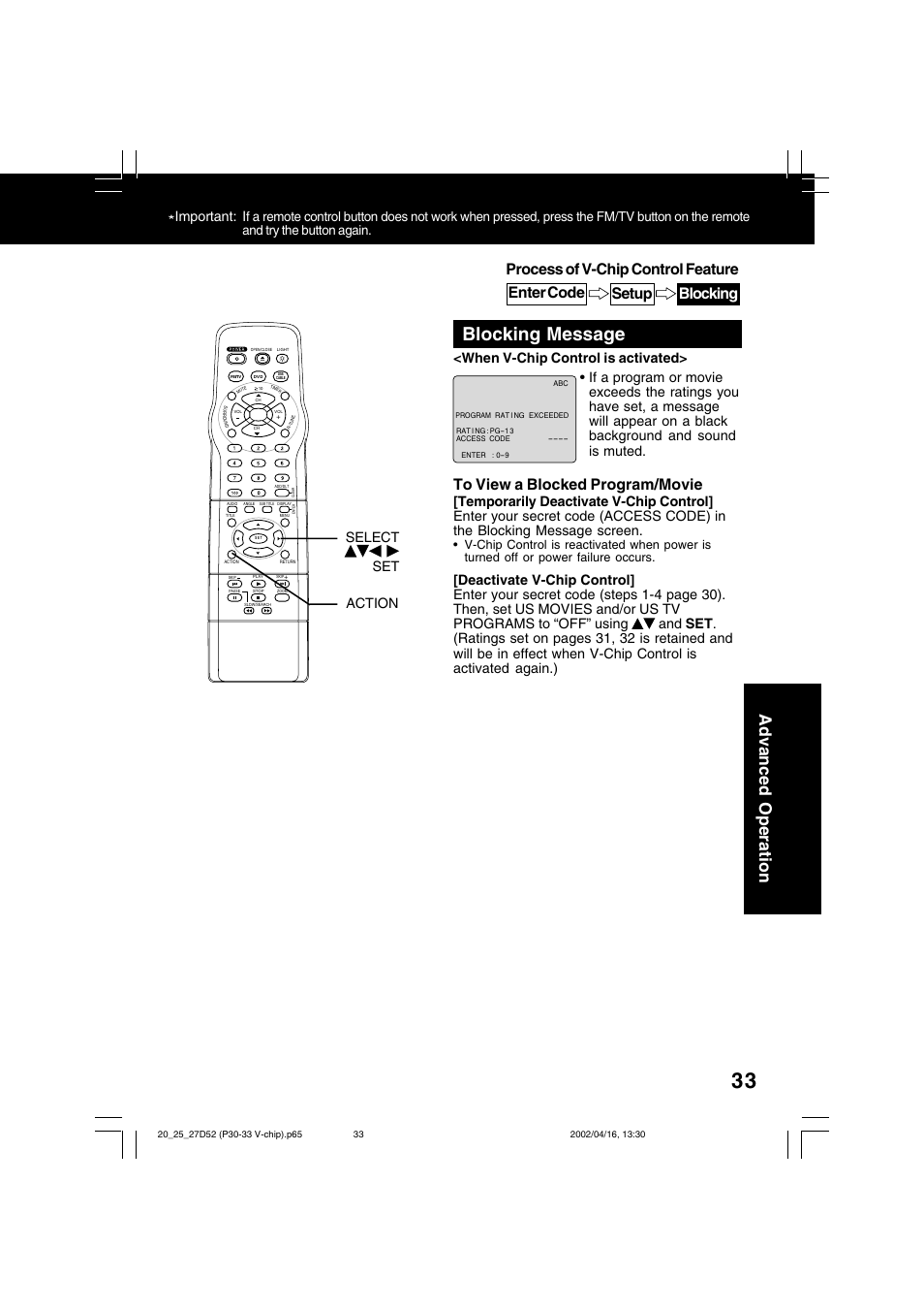 Blocking message, Advanced operation, Important: i | Select set action | Panasonic PV 20D52 User Manual | Page 33 / 64