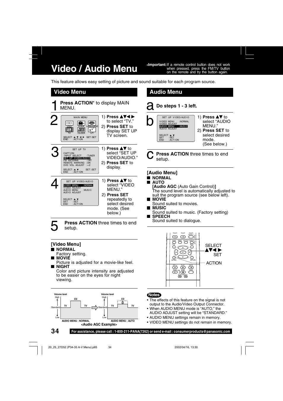 Video / audio menu, Audio menu video menu | Panasonic PV 20D52 User Manual | Page 34 / 64