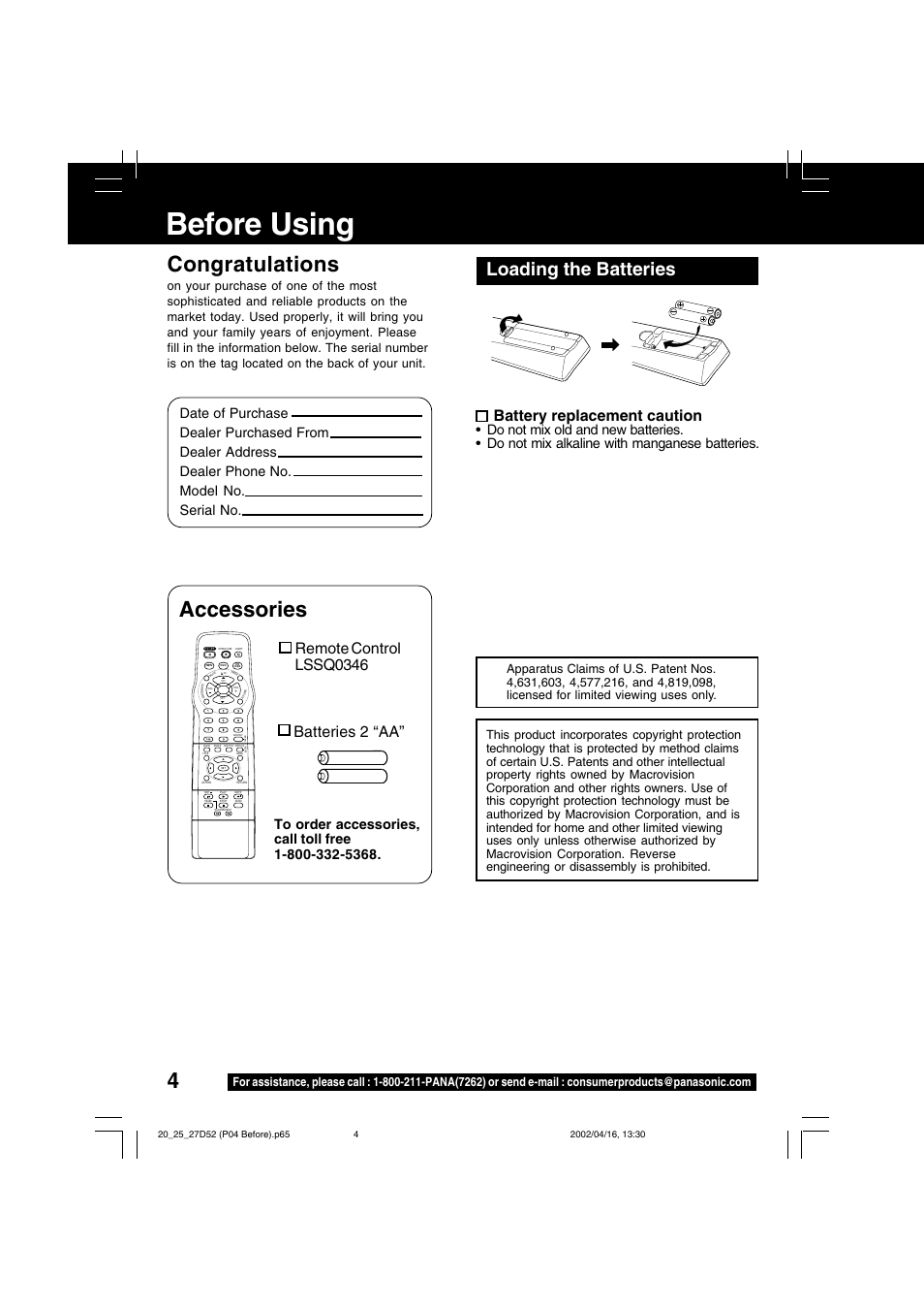 Before using, Accessories, Loading the batteries | Battery replacement caution | Panasonic PV 20D52 User Manual | Page 4 / 64