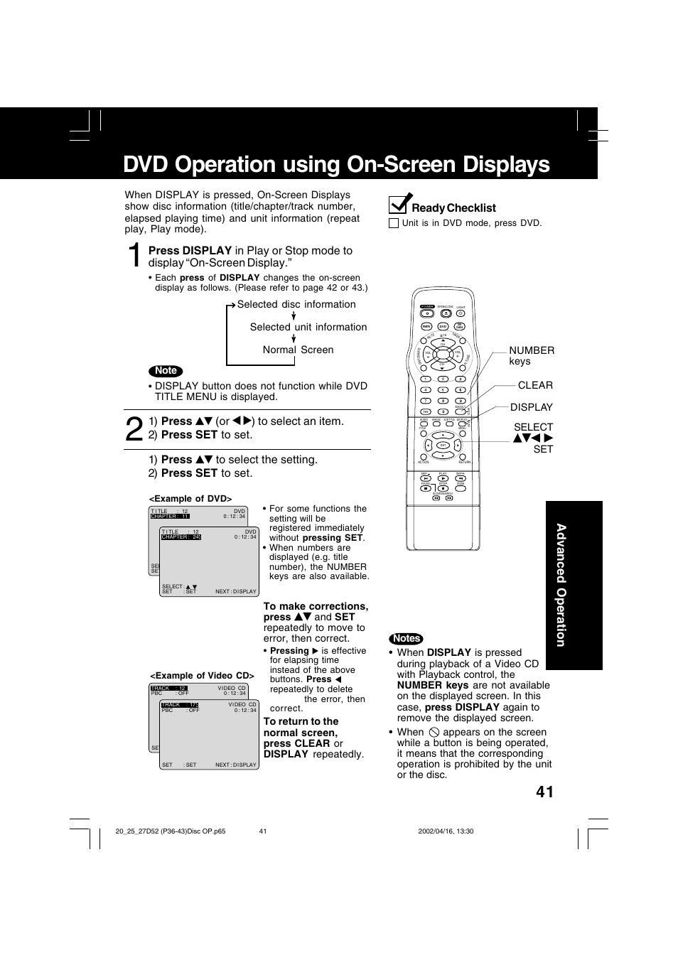 Dvd operation using on-screen displays, Advanced operation, Ready checklist | Number keys select set clear display | Panasonic PV 20D52 User Manual | Page 41 / 64