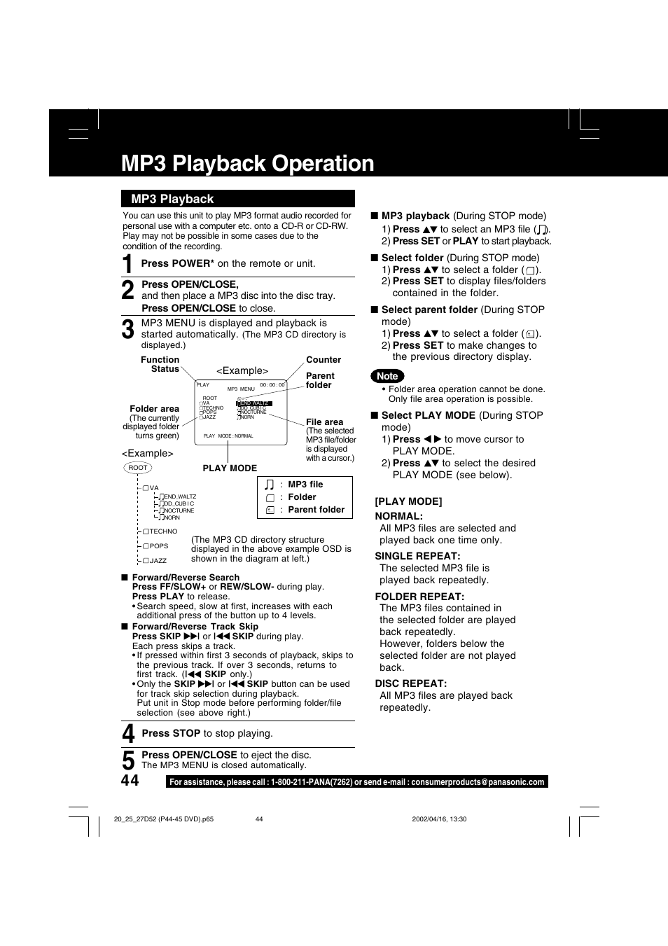 Mp3 playback operation | Panasonic PV 20D52 User Manual | Page 44 / 64