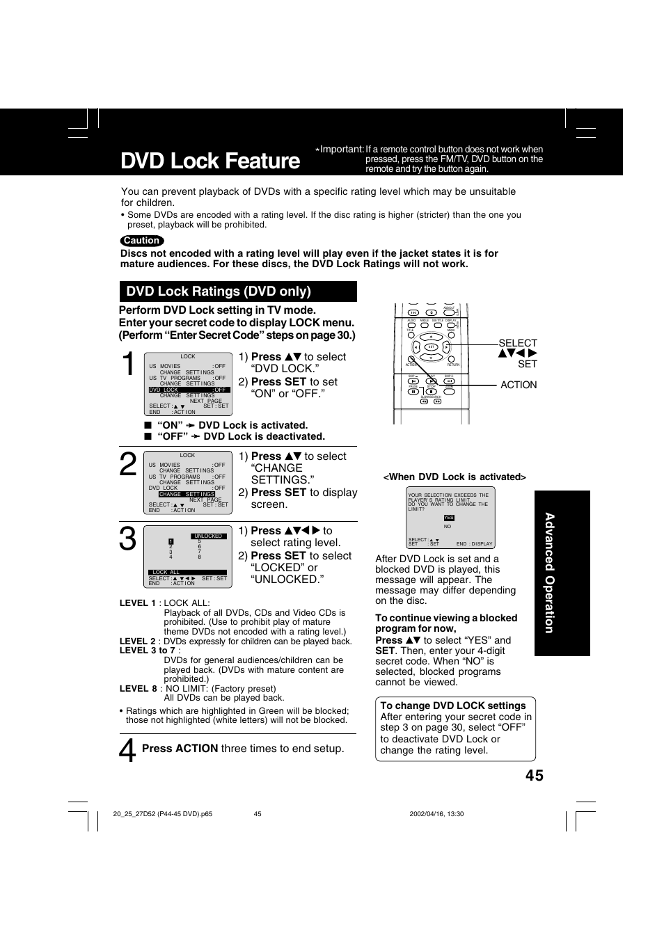 Dvd lock feature, Dvd lock ratings (dvd only), Advanced operation | Press action three times to end setup | Panasonic PV 20D52 User Manual | Page 45 / 64