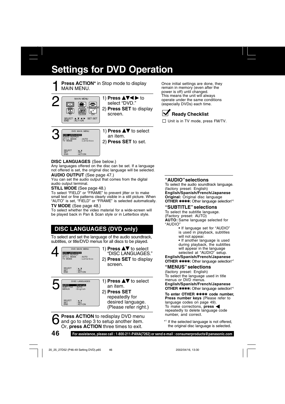 Settings for dvd operation, Disc languages (dvd only), Audio” selections | Subtitle” selections, Menus” selections, Ready checklist | Panasonic PV 20D52 User Manual | Page 46 / 64