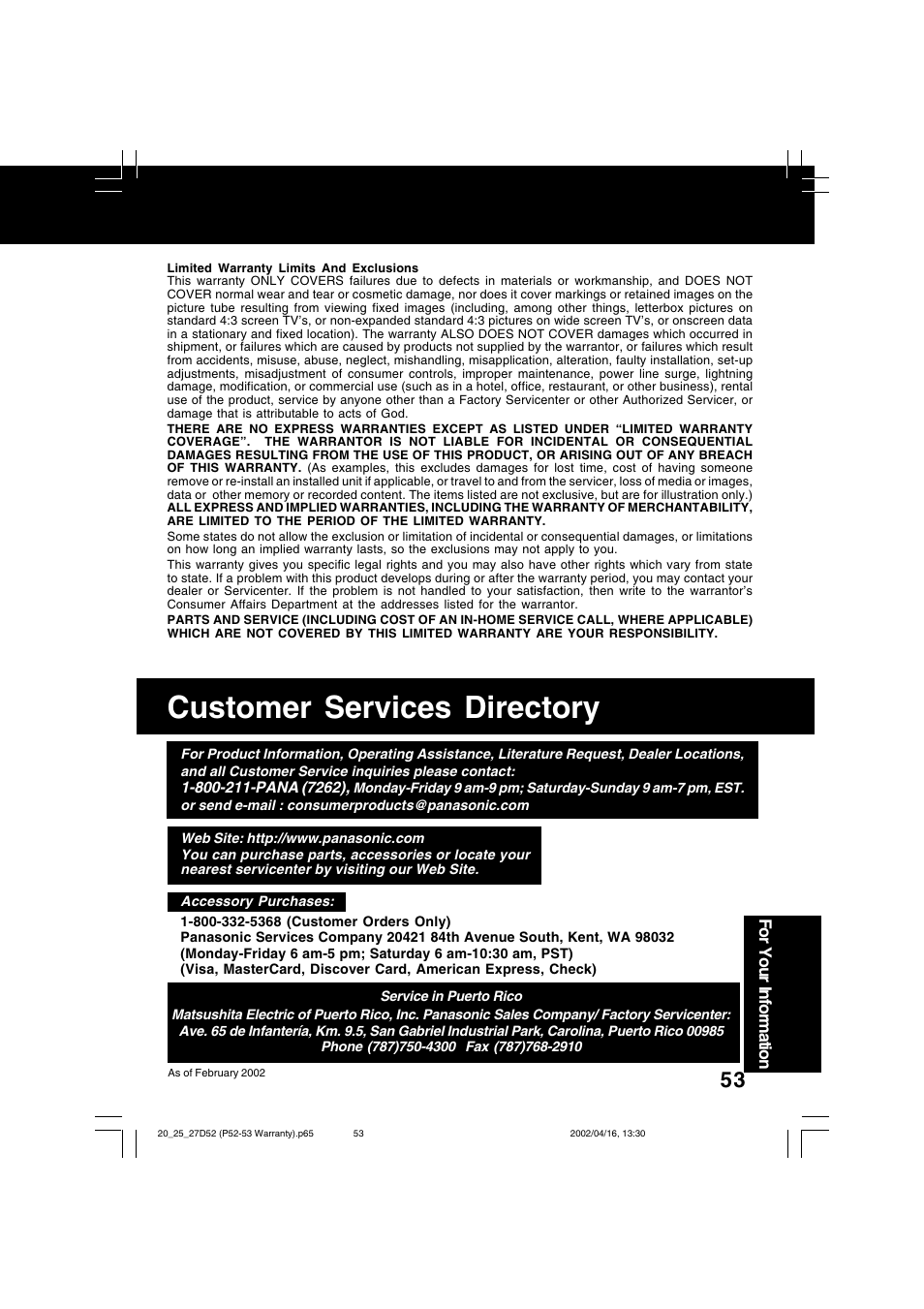 Customer services directory | Panasonic PV 20D52 User Manual | Page 53 / 64