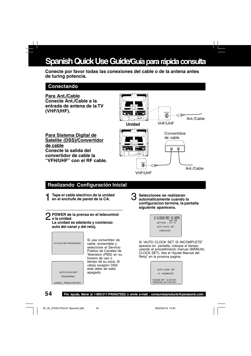 Spanish quick use guide, Guía para rápida consulta, Conectando | Realizando configuración inicial | Panasonic PV 20D52 User Manual | Page 54 / 64
