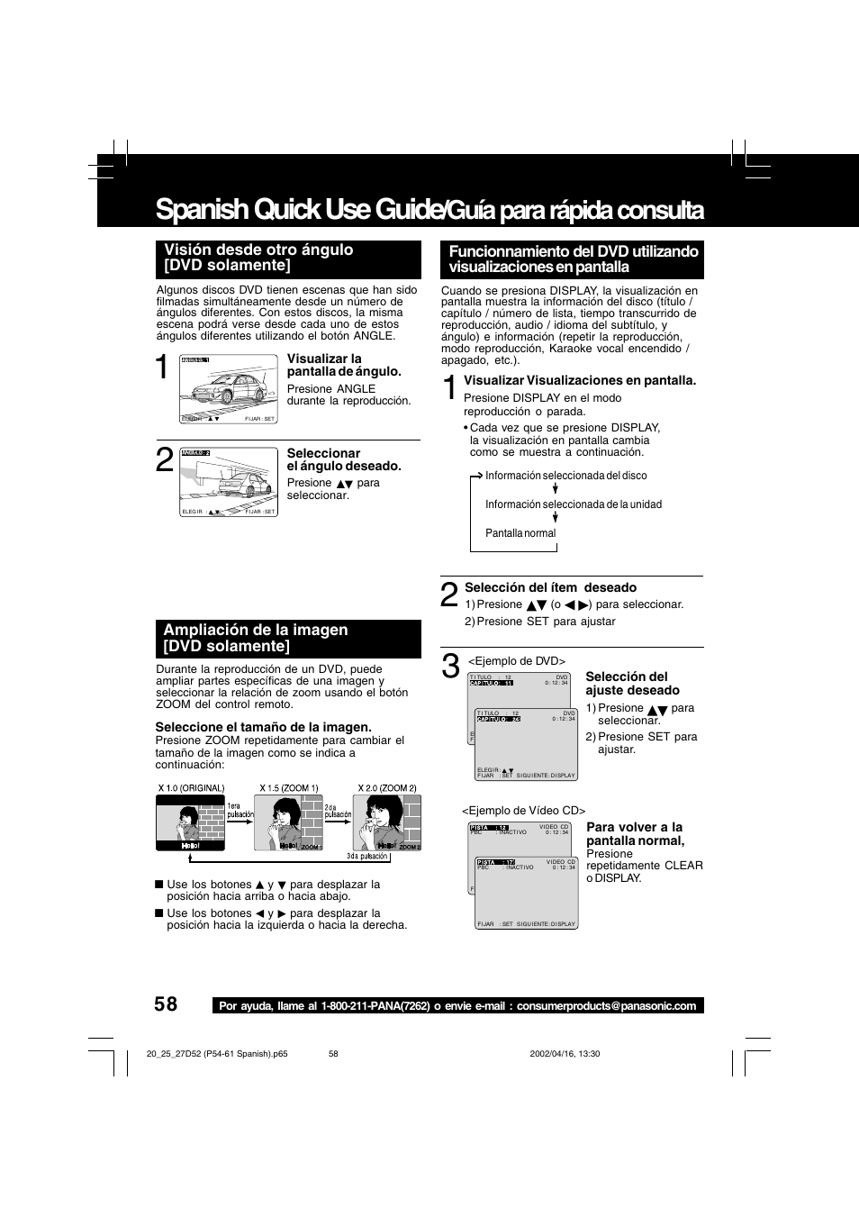 Spanish quick use guide, Guía para rápida consulta, Ampliación de la imagen [dvd solamente | Visión desde otro ángulo [dvd solamente | Panasonic PV 20D52 User Manual | Page 58 / 64