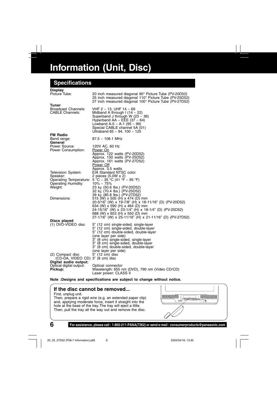 Information (unit, disc), Specifications, If the disc cannot be removed | Panasonic PV 20D52 User Manual | Page 6 / 64