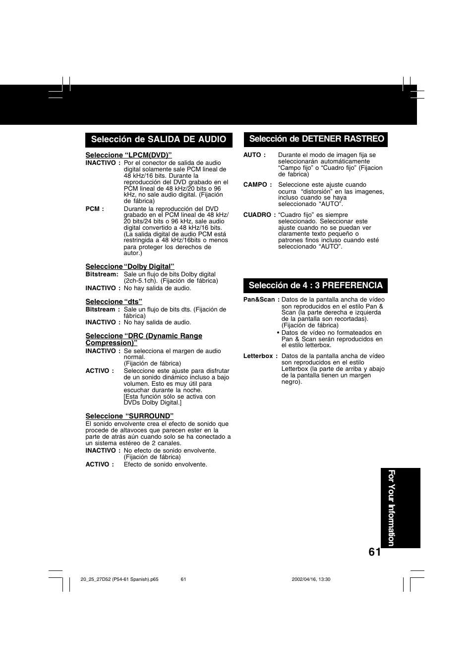 For your information, Selección de 4 : 3 preferencia | Panasonic PV 20D52 User Manual | Page 61 / 64