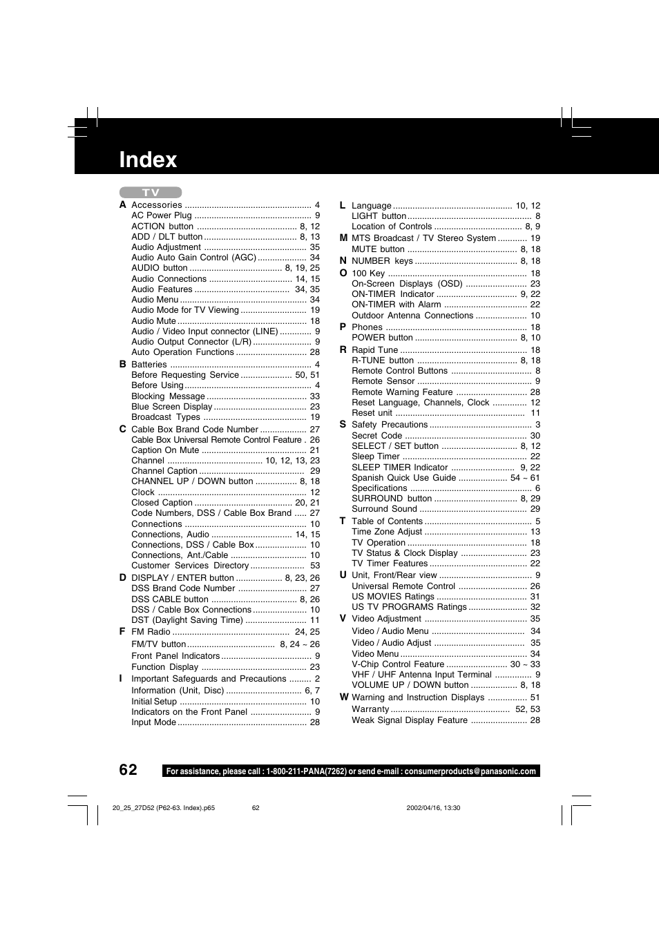 Index | Panasonic PV 20D52 User Manual | Page 62 / 64