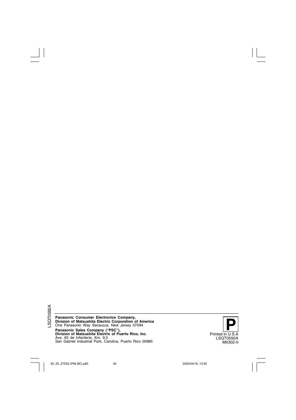 Panasonic PV 20D52 User Manual | Page 64 / 64