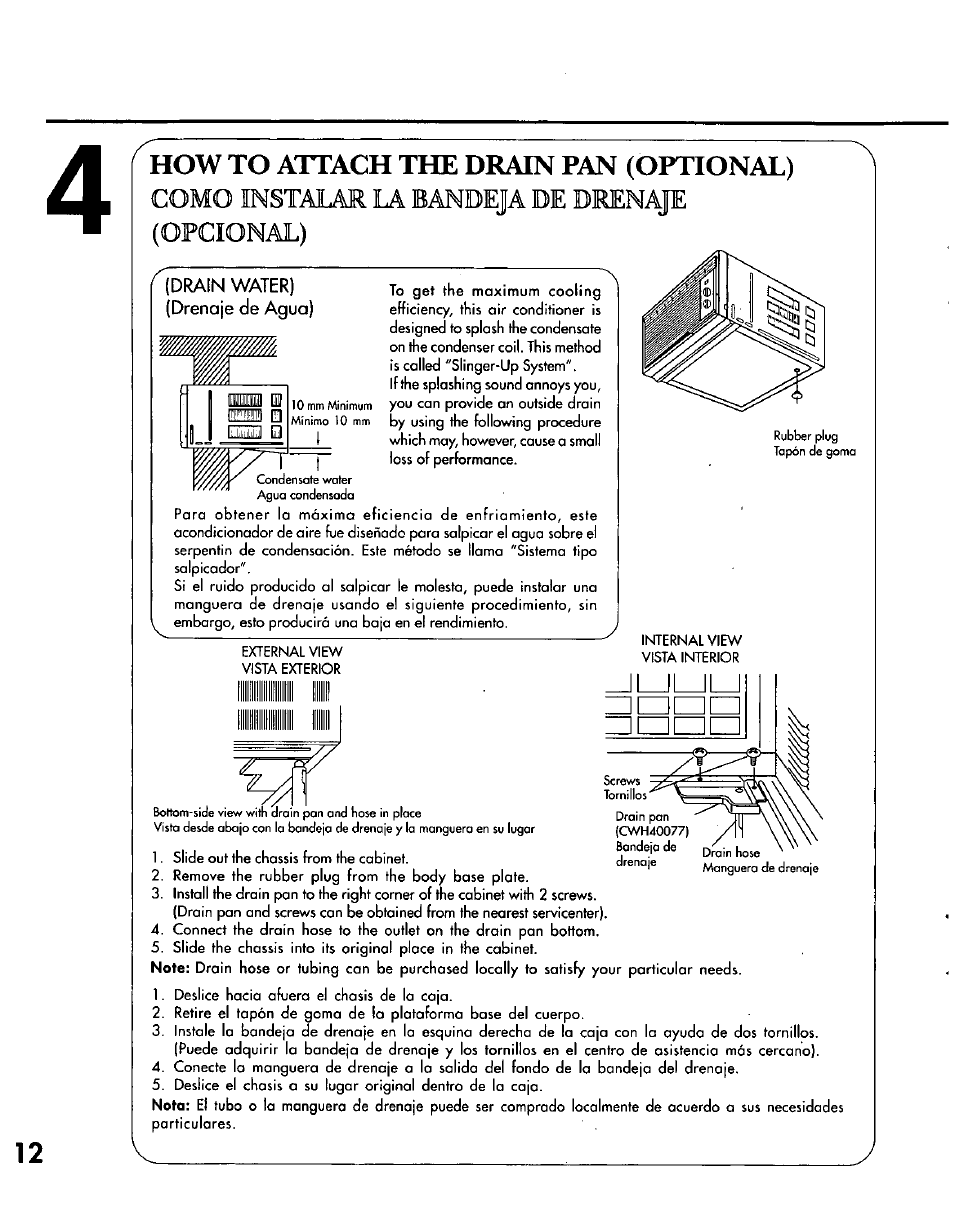 Como instalar la bandeja de drenaje (opcional), How to attach the drain pan (optional) | Panasonic CW-C200NU User Manual | Page 12 / 24